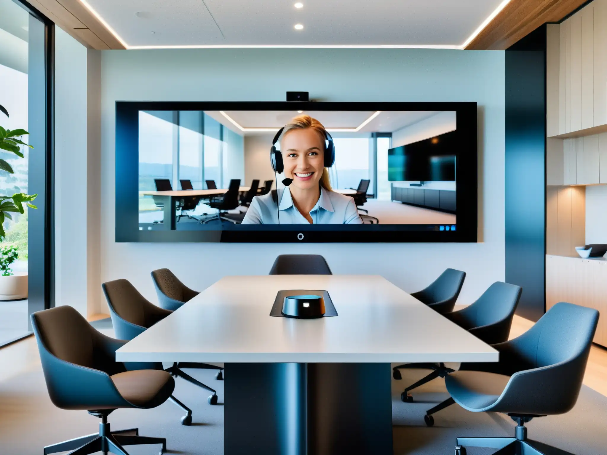 Videollamada de alta tecnología en oficina moderna Imagen de una videoconferencia de startups con tecnología IA en una oficina moderna y luminosa