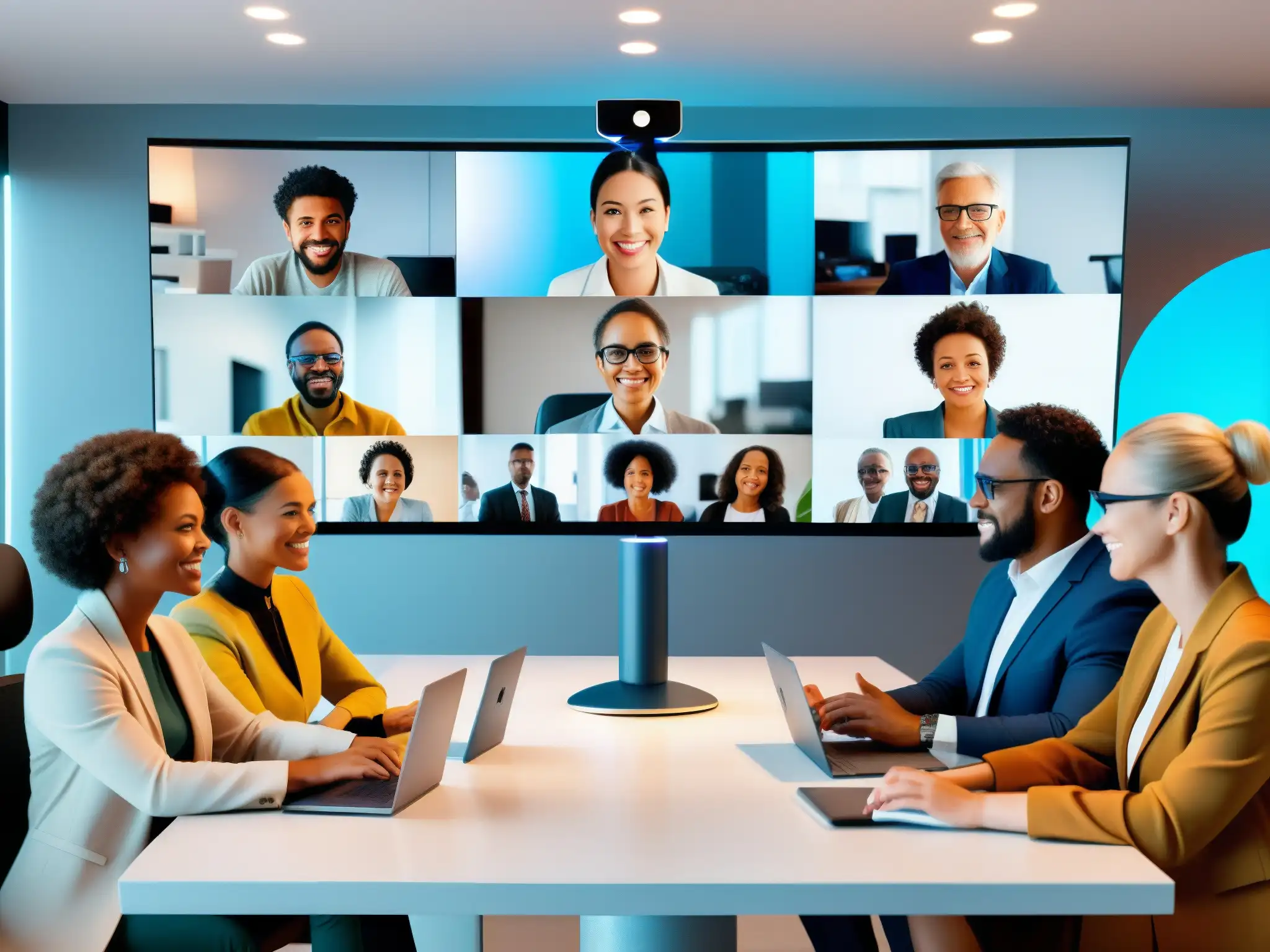 Videoconferencia futurista con realidad aumentada inclusiva Imagen 8k de videoconferencias inclusivas en Realidad Aumentada, mostrando interacción inclusiva y avanzada tecnología de comunicación