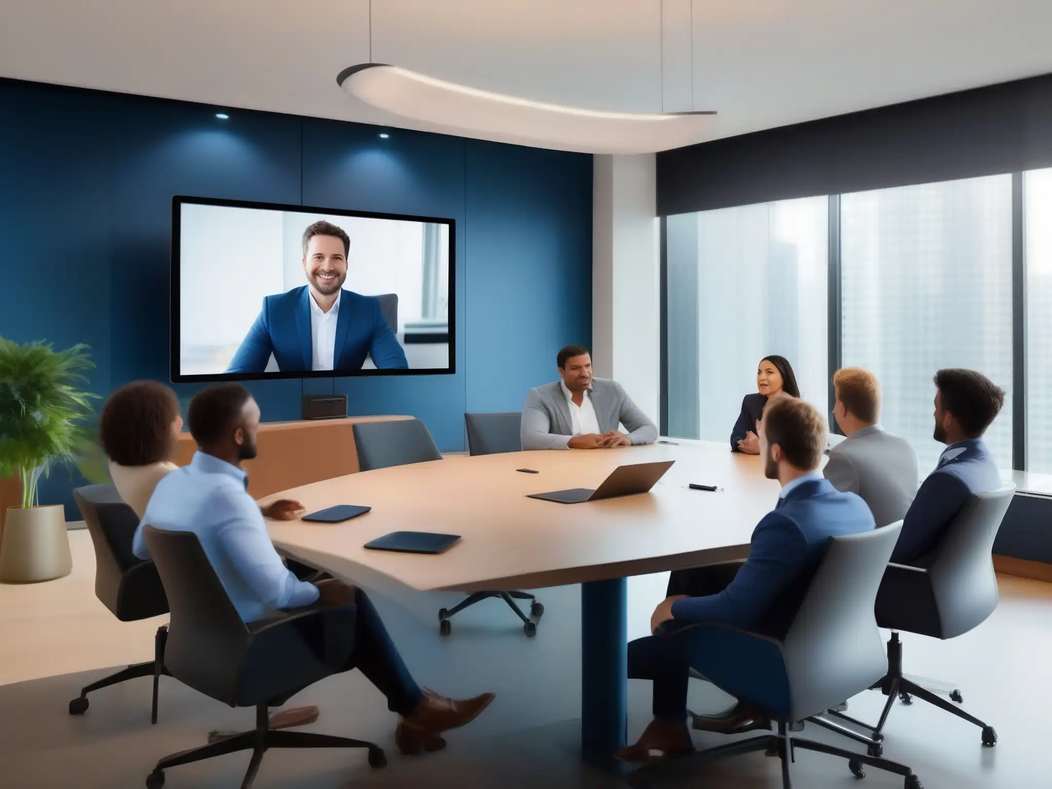 Sala de videoconferencias profesionales con BlueJeans en pantalla HD Imagen de videoconferencias profesionales BlueJeans en LinkedIn, con ambiente luminoso y colaborativo