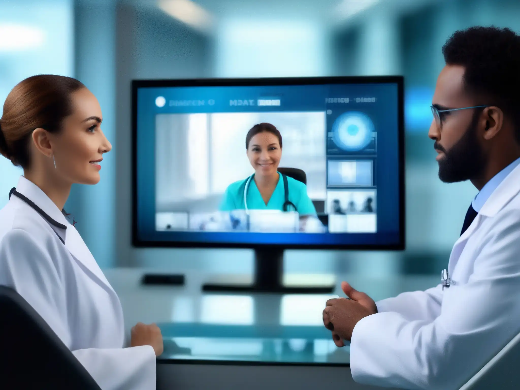 Telemedicina: Consulta Virtual con Experto Médico Imagen 8k de videoconferencias para telemedicina entre médico y paciente en un entorno médico futurista y profesional