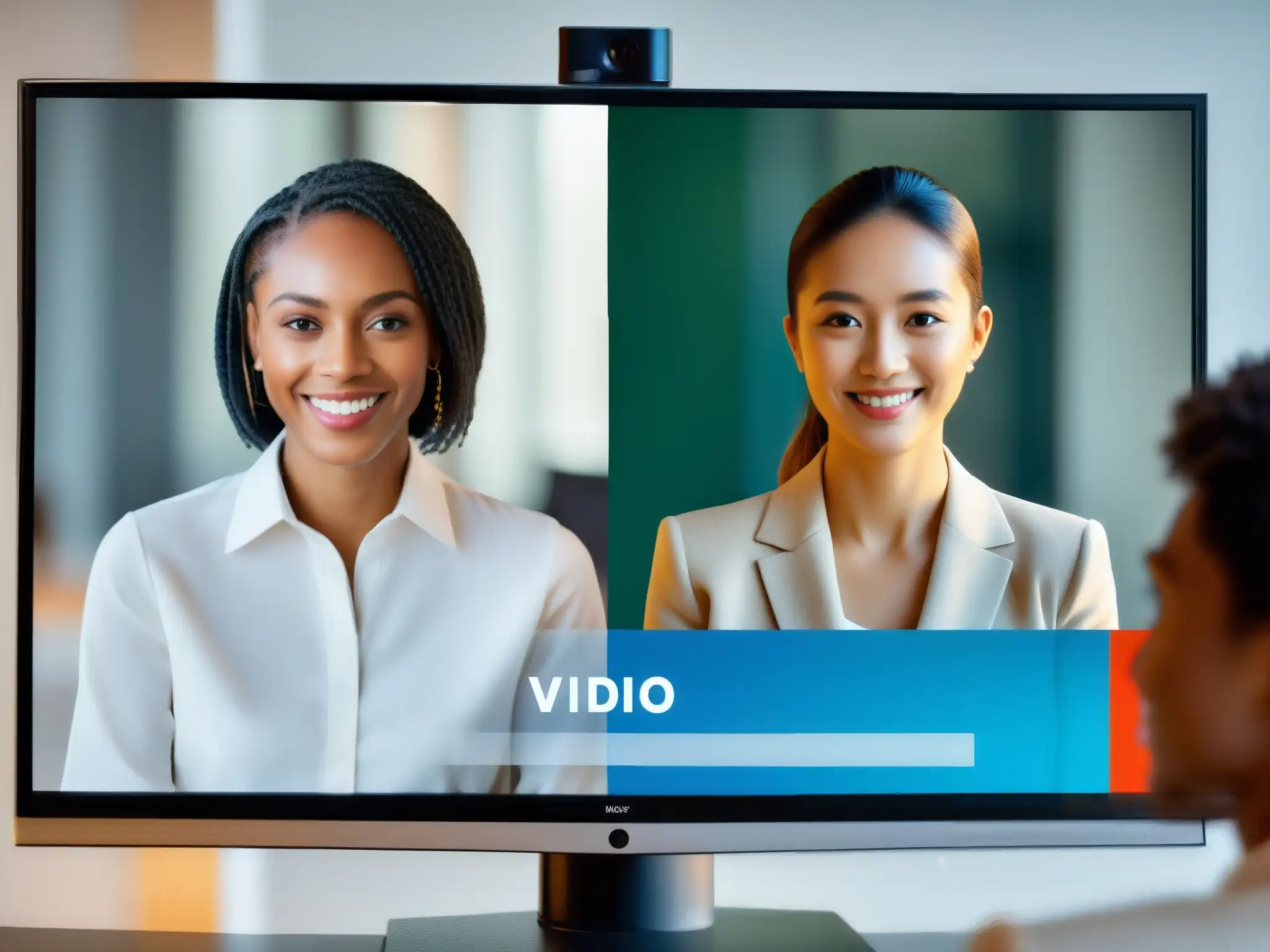 Comparación de calidad de video conferencia: alta definición vs pixelación Comparación impactante de calidad de video en dos pantallas de videoconferencia, ilustrando el impacto de los codecs en el rendimiento visual