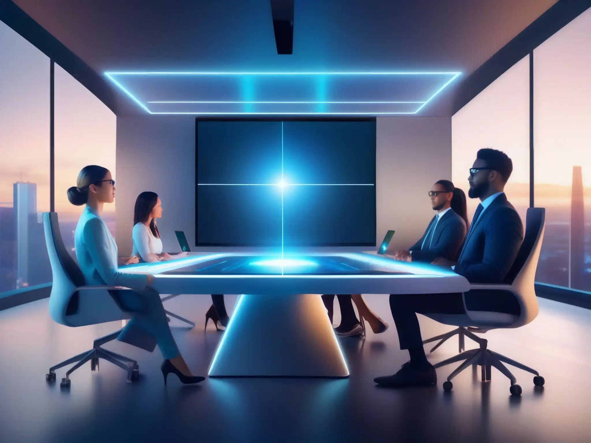 Conferencia virtual futurista con IA y hologramas Una impactante imagen de videoconferencias futuristas con tecnología de IA