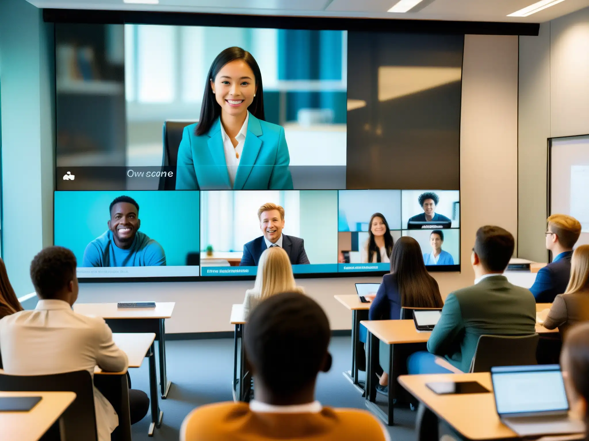 Videoconferencias vs Impacto en resultados académicos con videoconferencias: contraste visual entre aula tradicional aburrida y videoconferencia participativa