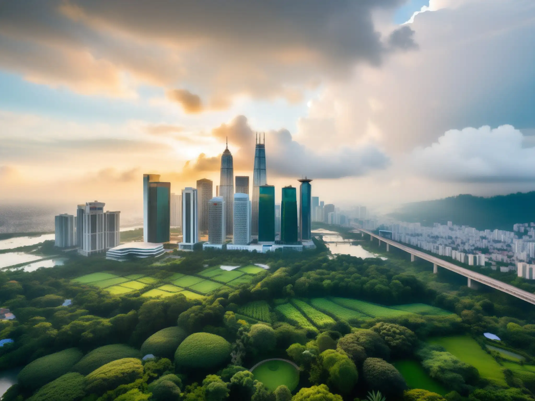 Metrópolis moderna entre naturaleza: impacto urbano y ambiental Impacto de las videoconferencias en la huella de carbono: vista aérea de una ciudad moderna entre exuberante naturaleza y suave luz dorada