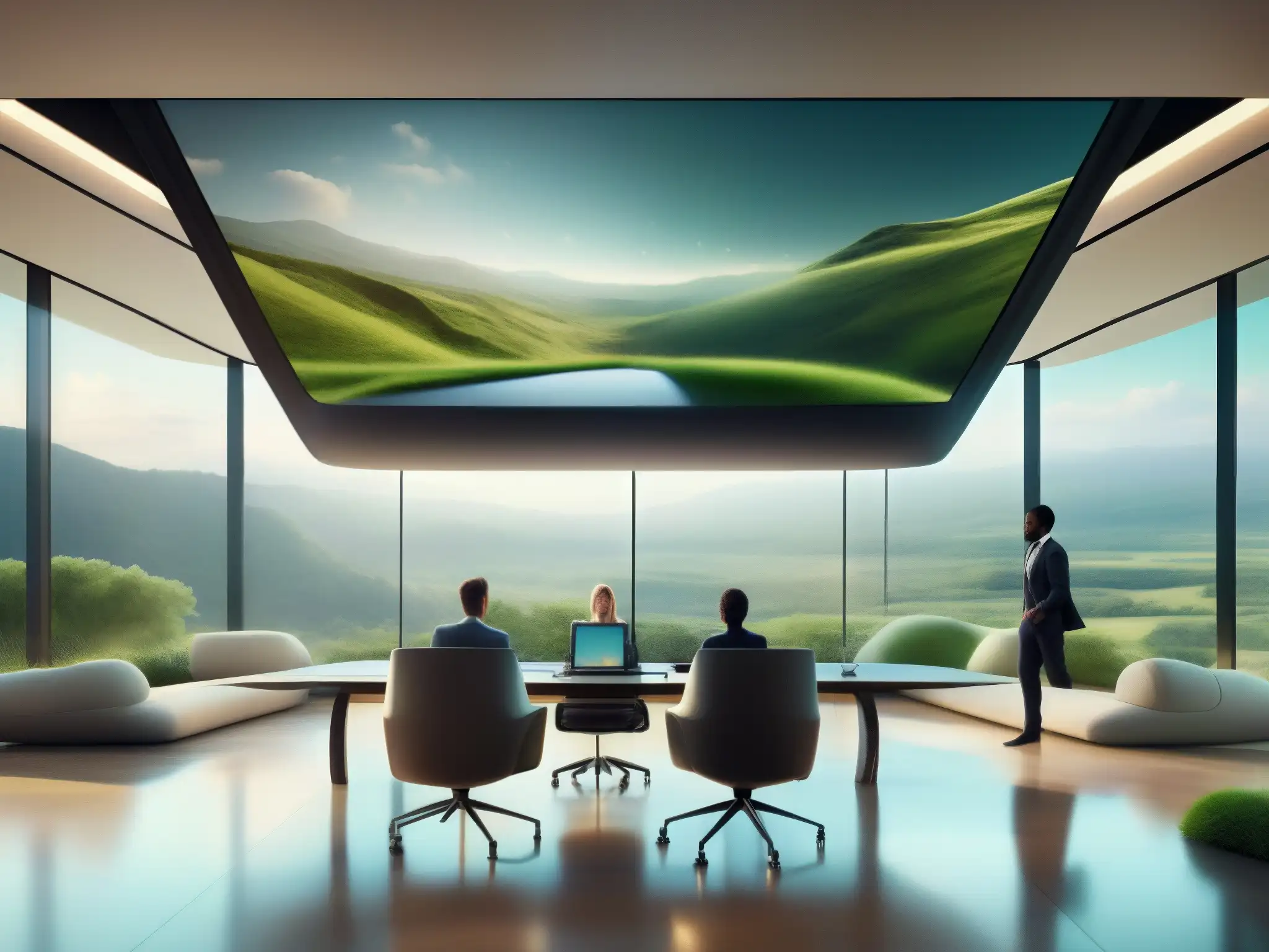 Sala de conferencias virtuales futurista: conexión global sostenible Impacto de las videoconferencias en la reducción de la huella de carbono, conectando globalmente en un entorno eco-sostenible y colaborativo