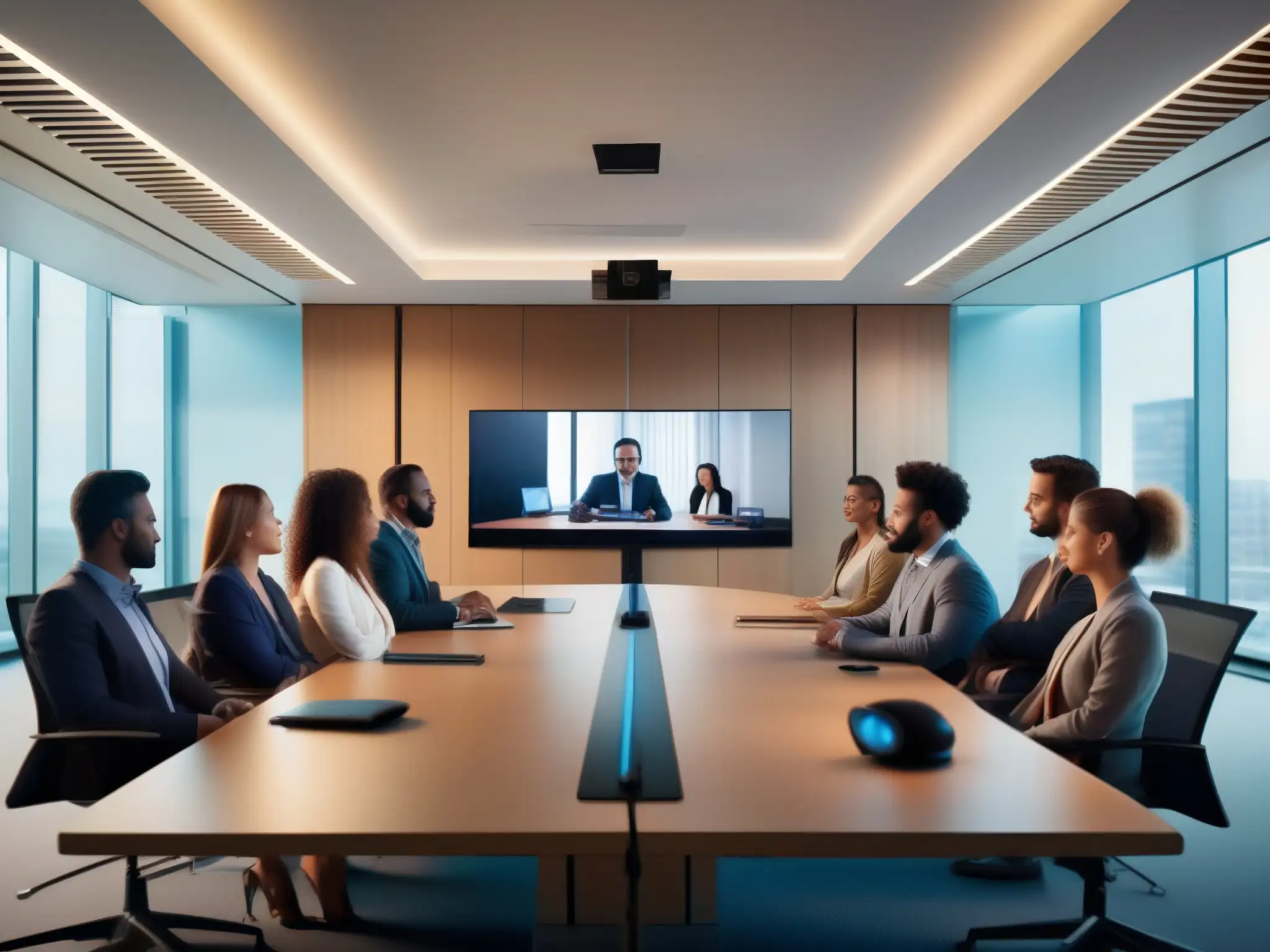Videoconferencia profesional con audio nítido y expresiones atentas Importancia del audio en videoconferencias: Sala profesional con moderno equipo de videoconferencia y participantes atentos en reunión virtual