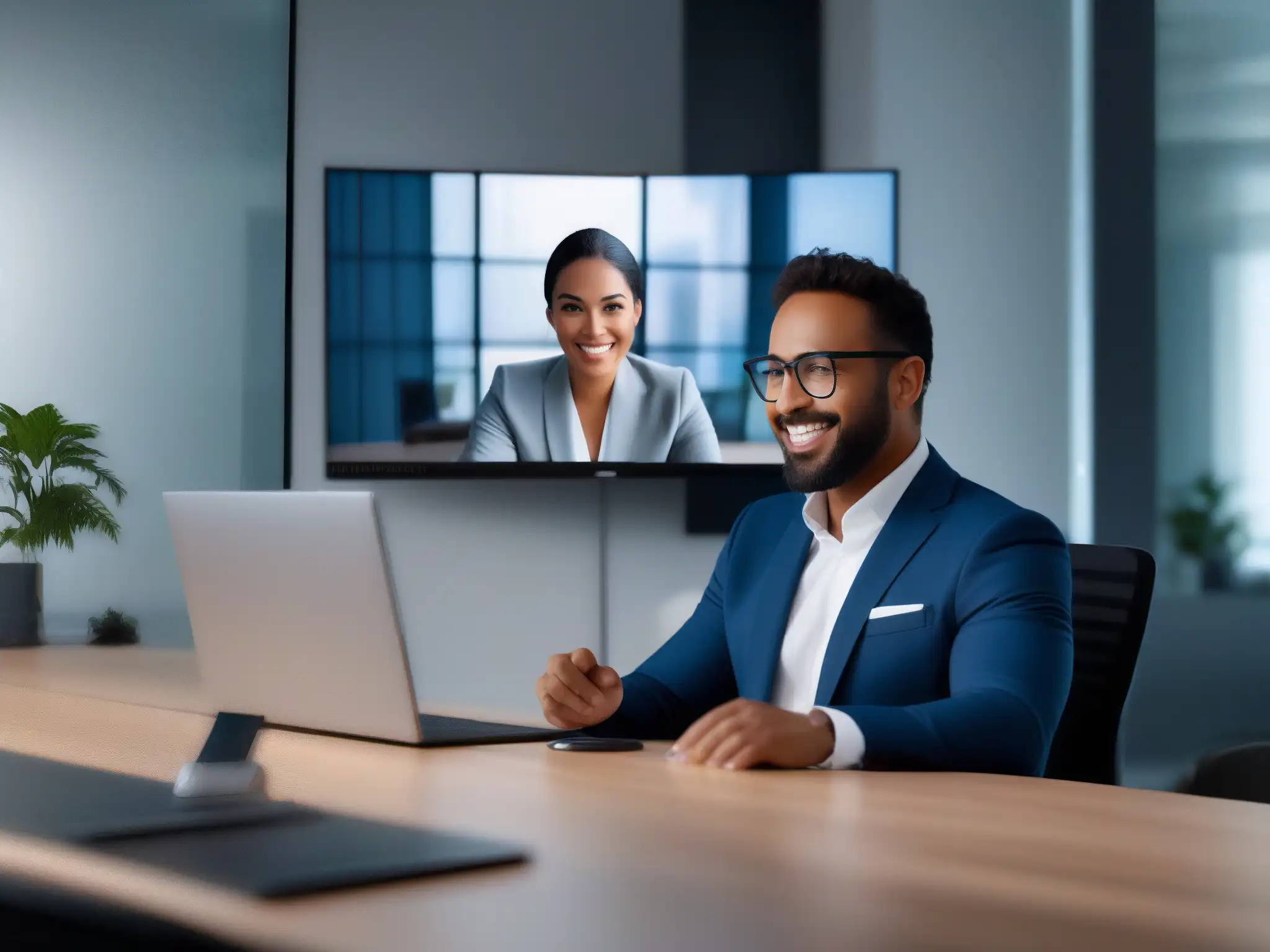 Profesional enfocado en videoconferencia de alta definición Importancia de buena conexión videoconferencias: Imagen 8K de una videoconferencia profesional con expresión enfocada y espacio de trabajo minimalista