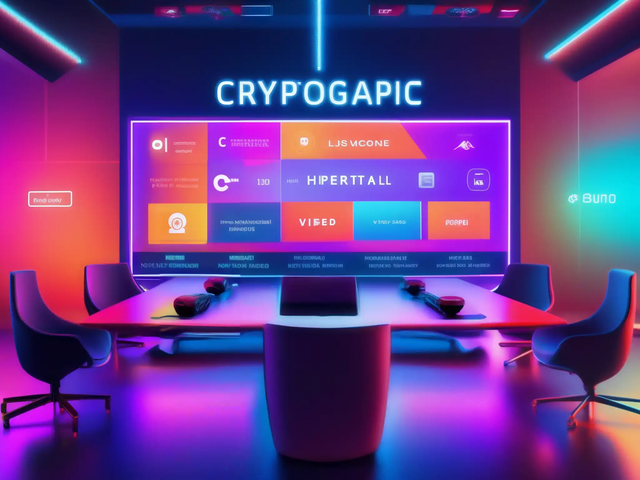 Criptografía vibrante en sala de reuniones virtuales Importancia de la criptografía en videoconferencias: Algoritmos y claves en pantalla futurista