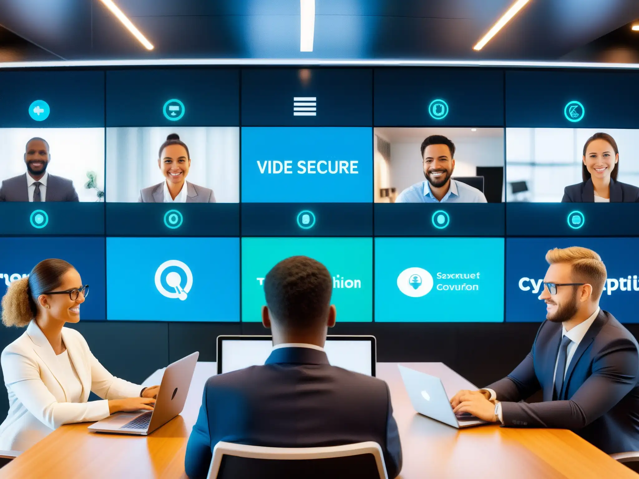 Conferencia virtual segura: tecnología y confidencialidad Importancia de la criptografía en videoconferencias: Imagen moderna de una reunión segura y encriptada con participantes profesionales
