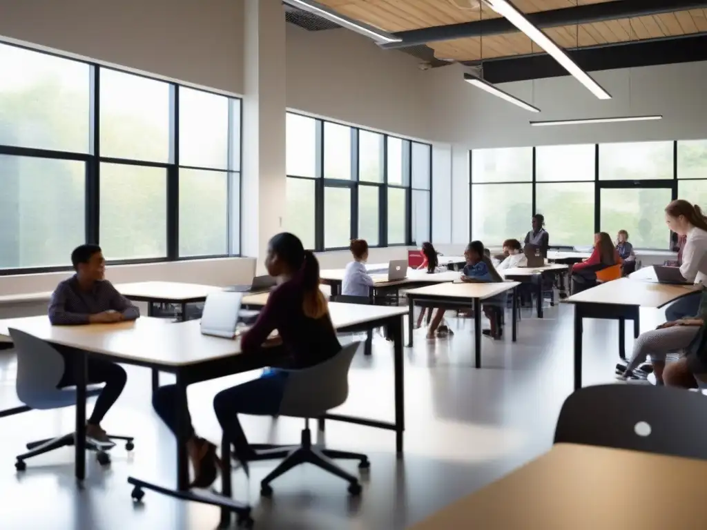 Aula moderna con estudiantes atentos y ergonómicos Importancia de la ergonomía en la videoconferencia educativa: Clase luminosa con estudiantes atentos, ergonomía y tecnología