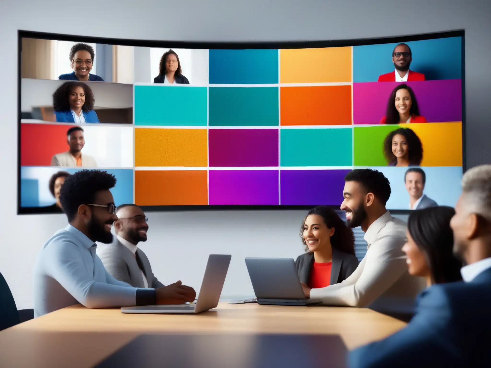 Videoconferencia profesional: impacto emocional del color Importancia de la psicología del color en el diseño de interfaces: imagen moderna de videoconferencia con diversidad y enfoque profesional
