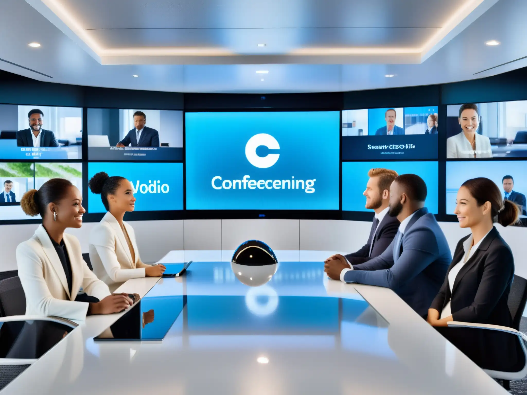 Futuro de videoconferencias: calidad y profesionalismo Importancia de redes de entrega de contenido en videoconferencias: Sala de reuniones futurista con tecnología de vanguardia y conexión de alta calidad