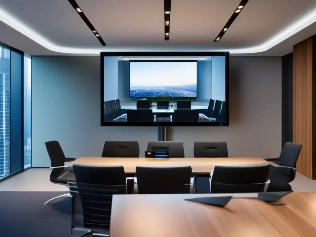 Videollamadas futuristas: tecnología de vanguardia en un entorno sostenible Una impresionante configuración futurista de videoconferencias de alta resolución con tecnología de vanguardia