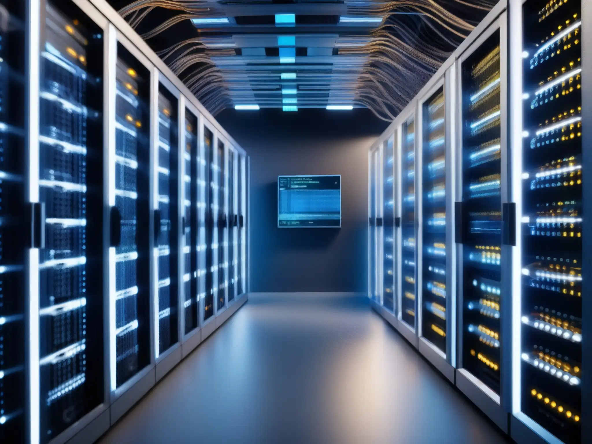 Caos digital: Impactante sala de servidores 8K Un impresionante cuarto de servidores enredado con luces parpadeantes y cables, capturando la complejidad y el impacto de la congestión de red en la calidad de videoconferencias Zoom WebEx