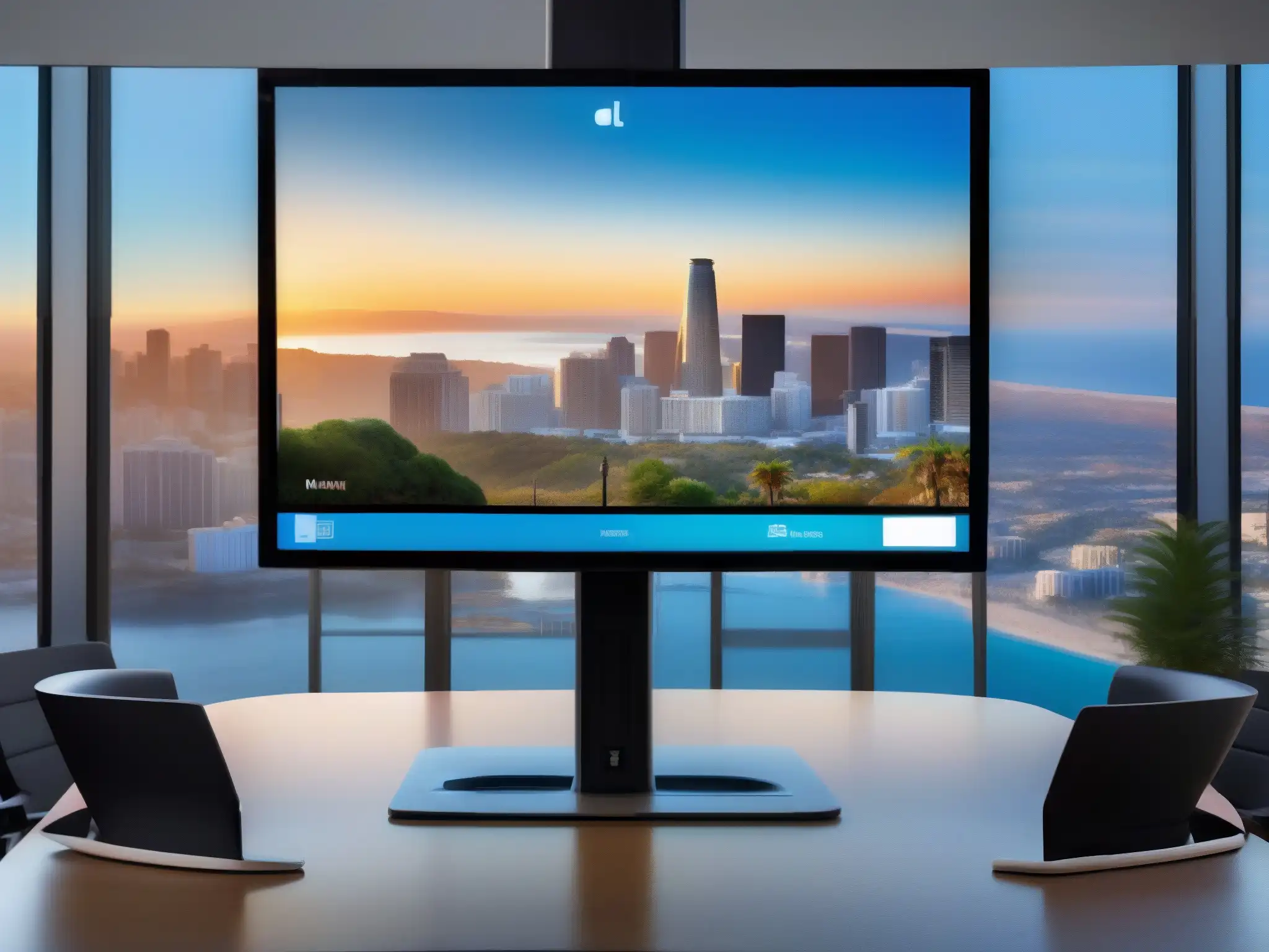 Imagen de videoconferencia profesional con fondo californiano Un impresionante y detallado setup de videoconferencia profesional con moderno equipo y un elegante fondo inspirado en California