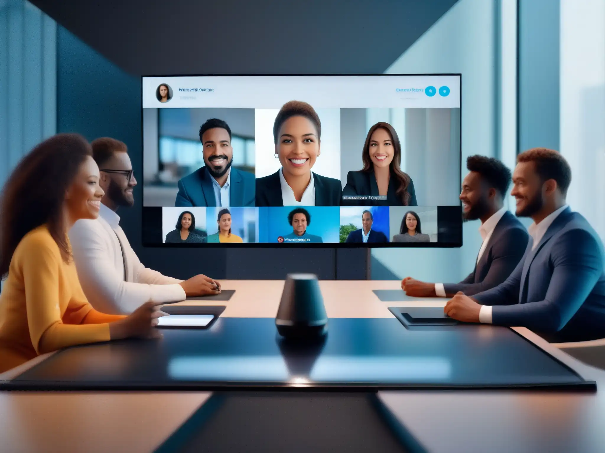 Smartphone 8K: Videoconferencia Profesional Una impresionante imagen 8K de un smartphone moderno mostrando una videoconferencia de alta definición con múltiples participantes