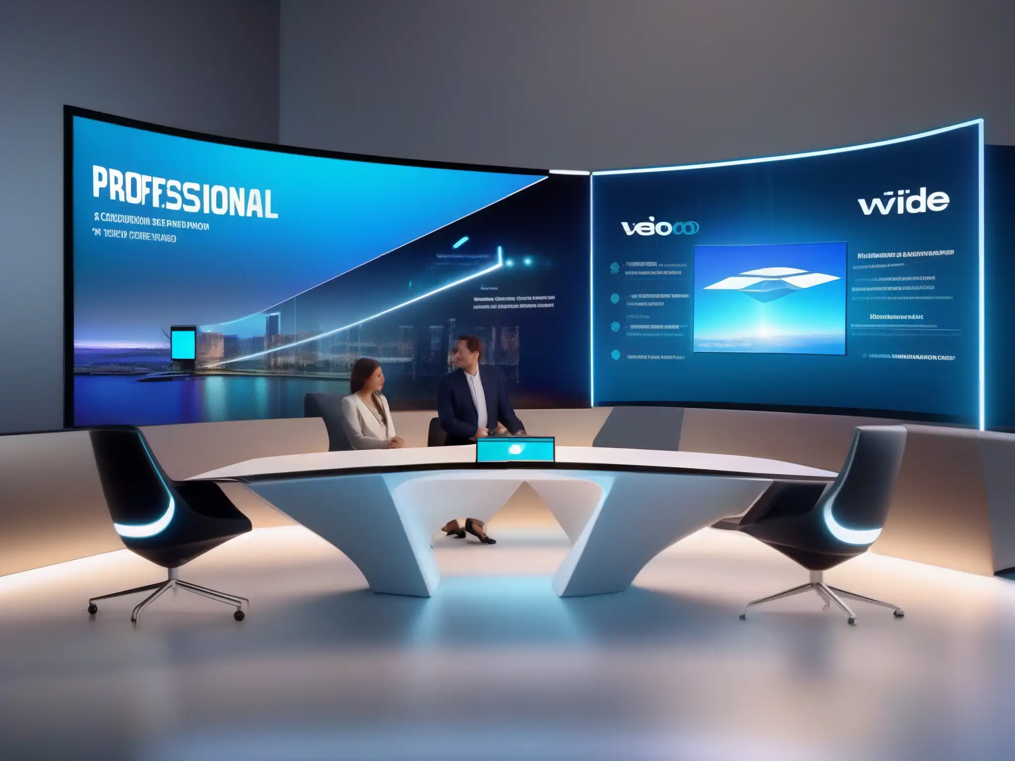Videoconferencia profesional con realidad aumentada futurista en 8k Una impresionante imagen 8k de una videoconferencia profesional con realidad aumentada, destacando la innovación tecnológica en videoconferencias