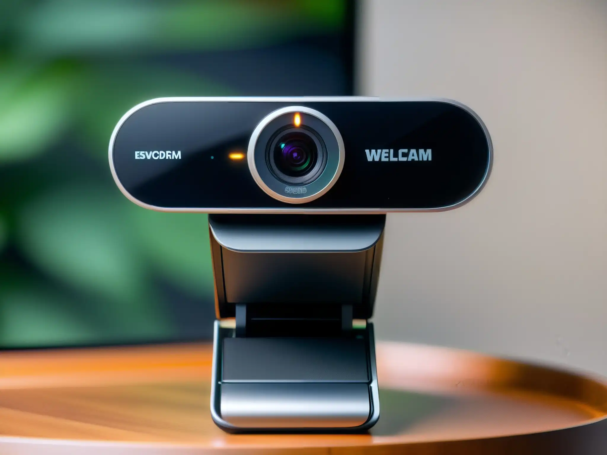 Webcam de Alta Gama para Videoconferencias Seguras Una impresionante webcam moderna sobre un elegante monitor, reflejando luz suave en un espacio de oficina hogareño