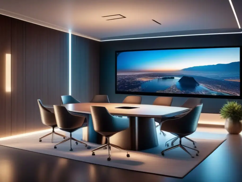 Sala de reuniones virtuales futurista y sofisticada en 8k Una impresionante sala de reuniones virtuales con mobiliario moderno y equipos de videoconferencia de última generación