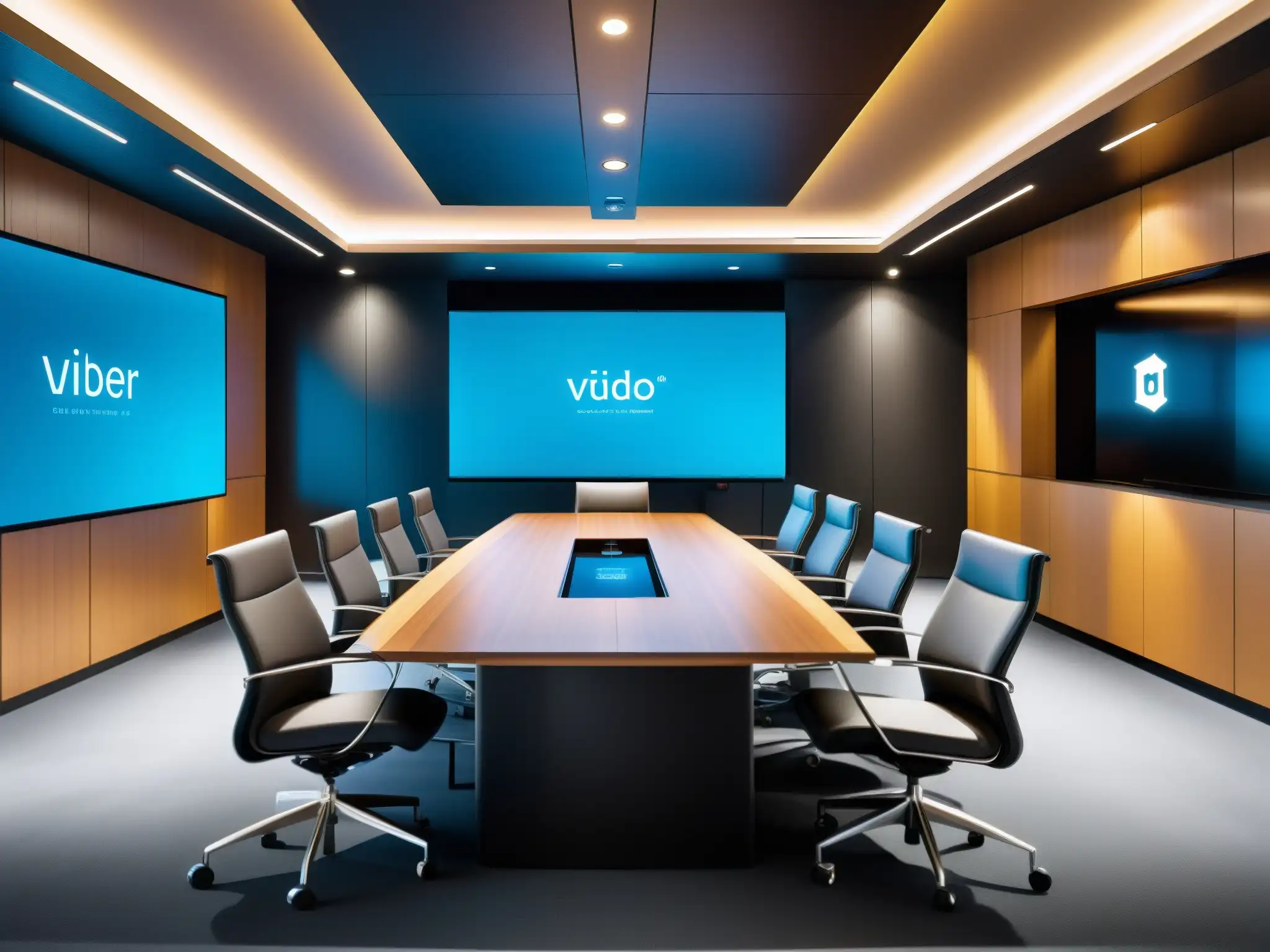 Sala de conferencias futurista con cables de fibra óptica integrados Impresionante sala de videoconferencias con diseño futurista y perfecta integración de fibra óptica, ideal para videoconferencias de alta calidad