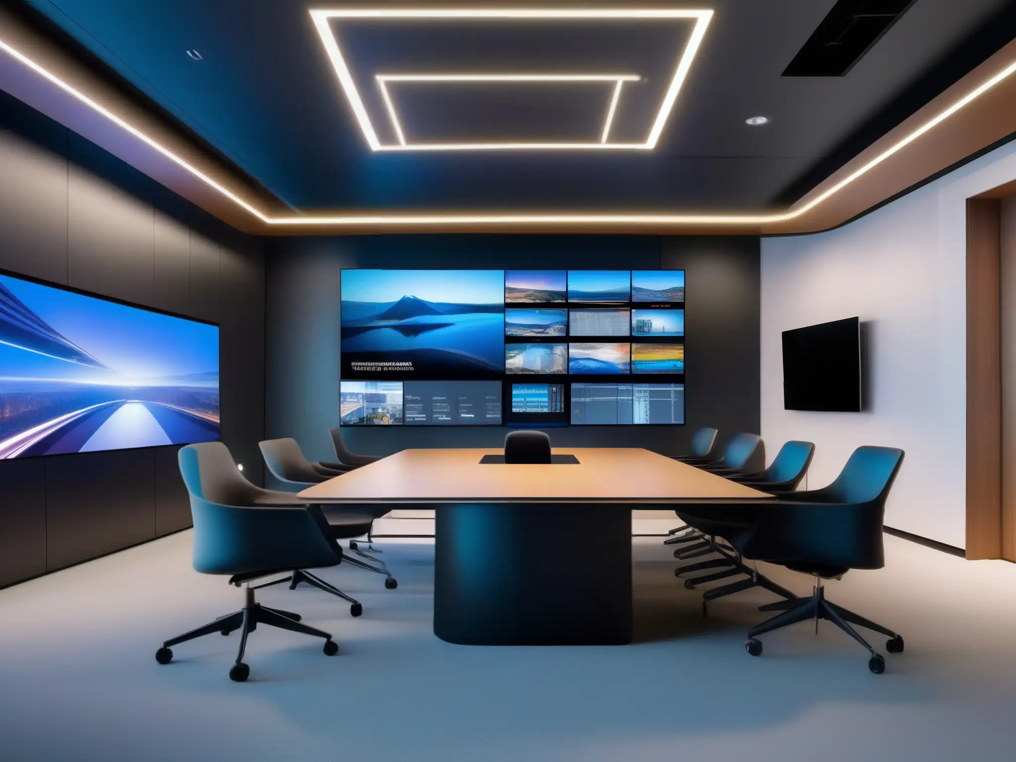 Sala de videoconferencias futurista con dispositivos 5G interconectados Un impresionante salón de videoconferencias futurista con dispositivos 5G interconectados, demostrando la interoperabilidad en videoconferencias 5G