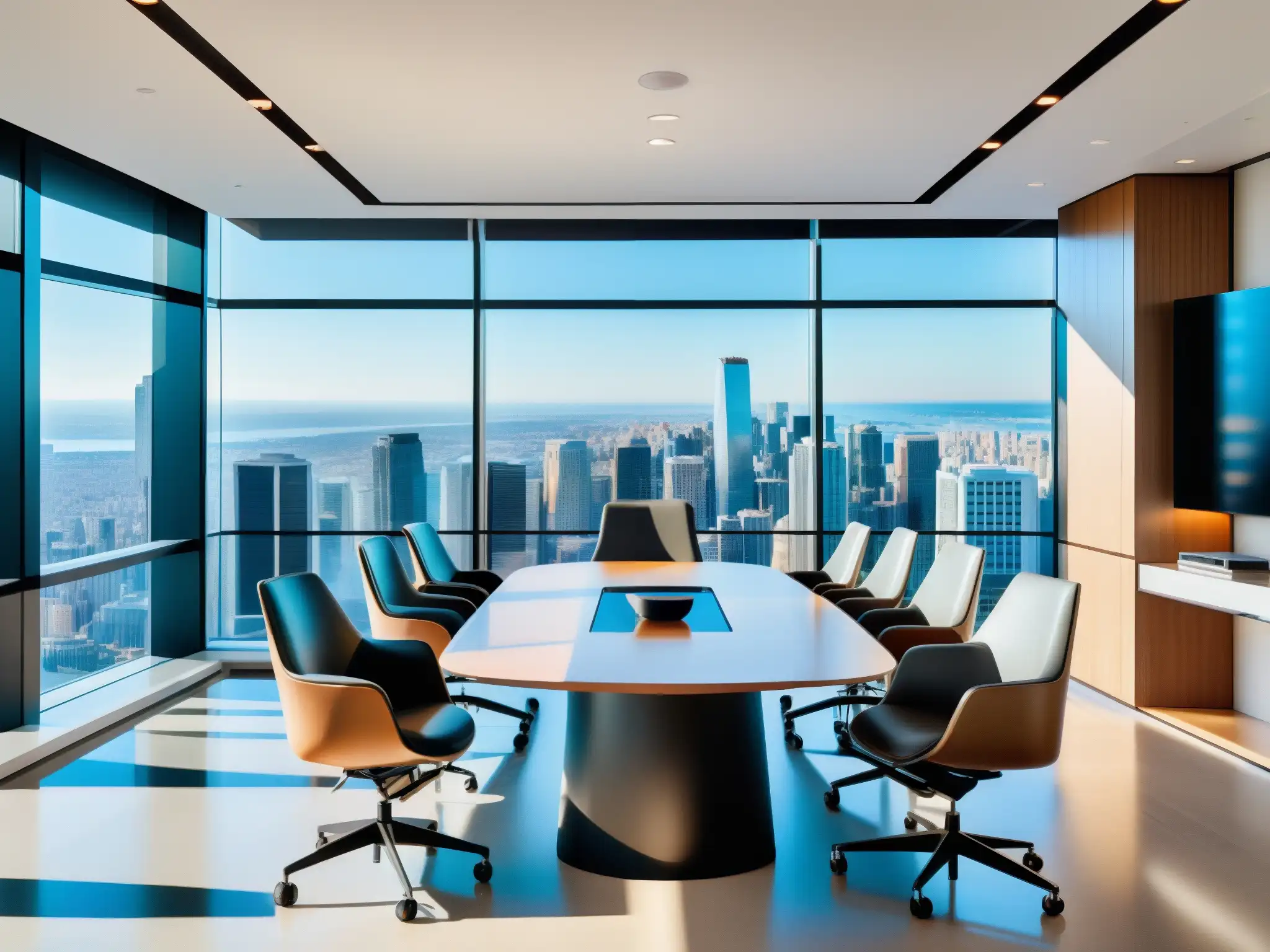 Videollamada de equipo moderna en sala minimalista Una impresionante solución de videoconferencia para equipos remotos en un elegante y moderno entorno de reuniones con vista a la ciudad