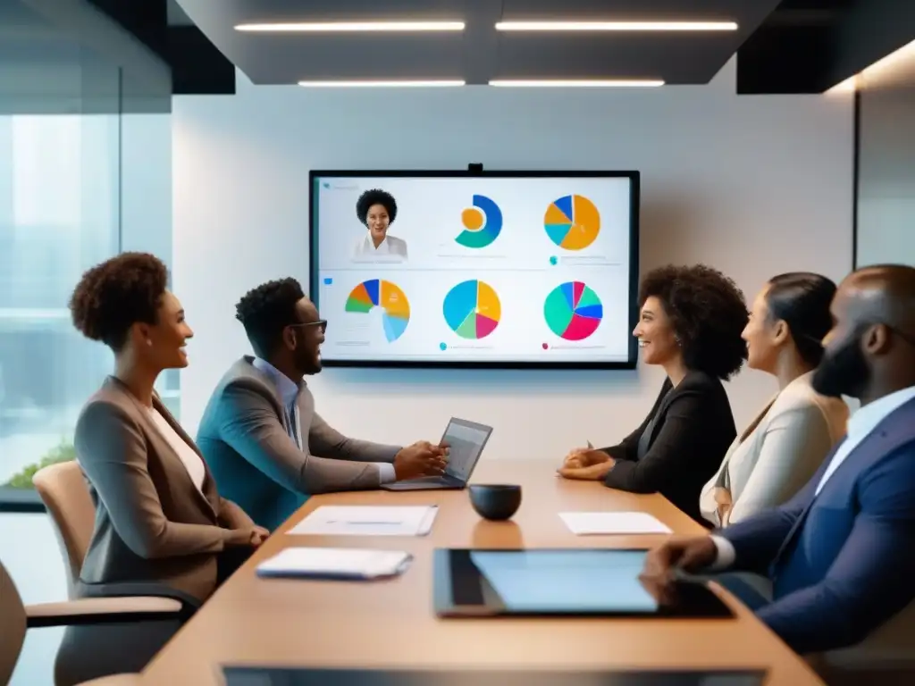 Profesionales colaborando en videoconferencia con Signal Influencia de Signal en videoconferencias: Profesionales colaborando animadamente en una videoconferencia, con documentos y gráficos en pantalla