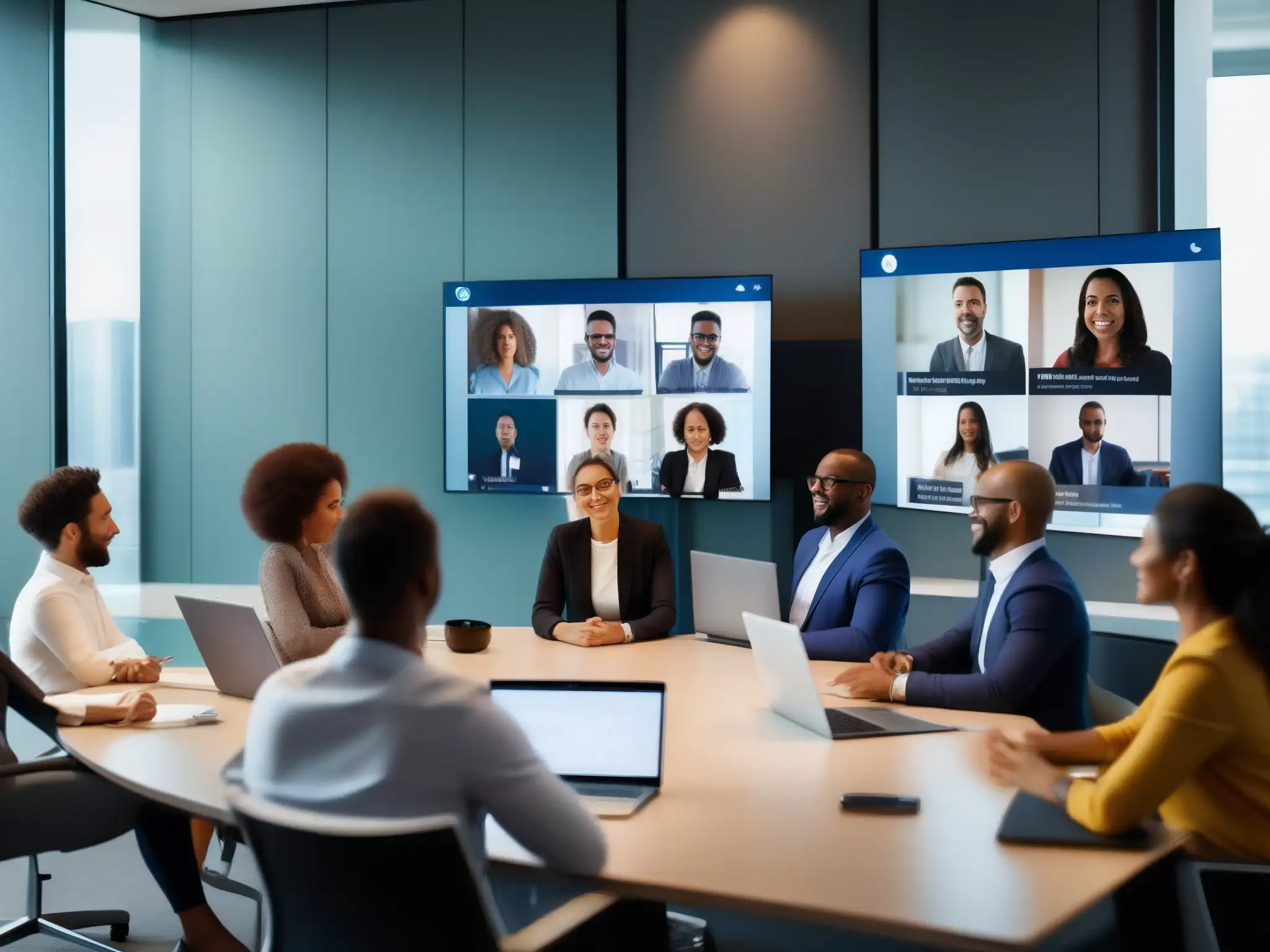 Equipo diverso en videoconferencia productiva con Signal Influencia de Signal en videoconferencias: Profesionales diversos participando activamente en una reunión virtual dinámica y productiva