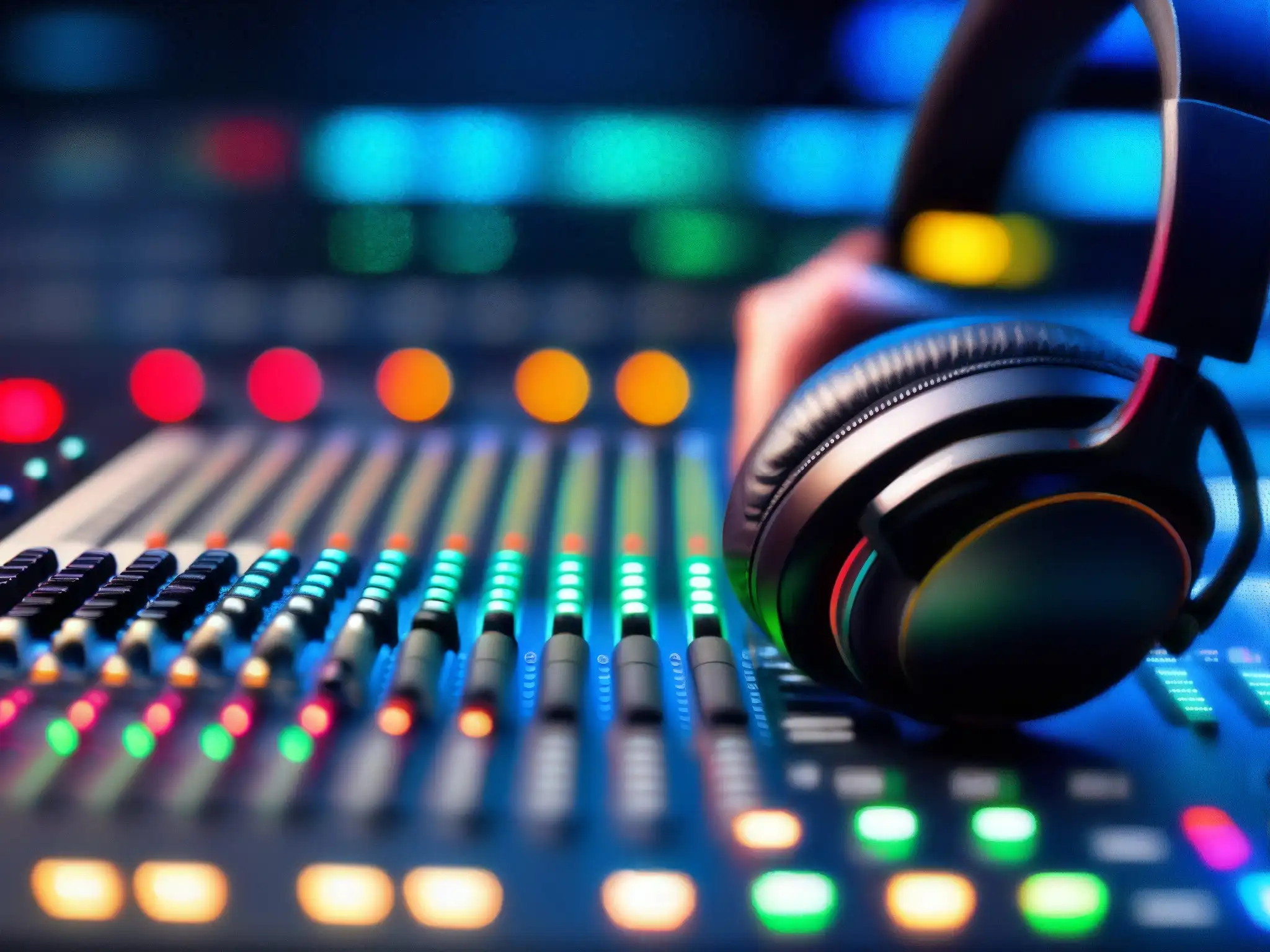 Mezcla de audio profesional en estudio moderno Un ingeniero de audio ajusta niveles en una consola profesional, mejorando calidad audio videoconferencia en un estudio moderno
