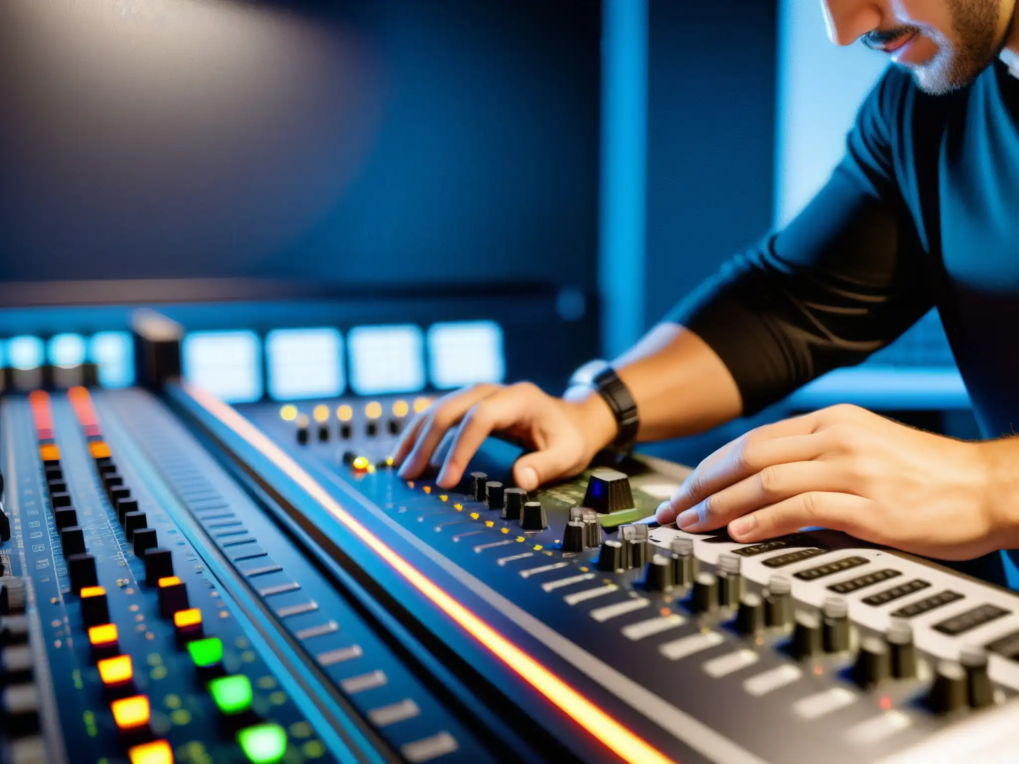 Experto en audio ajusta equipo para webinars Un ingeniero de audio profesional ajusta con precisión el equipo en un moderno estudio, garantizando la calidad para webinars