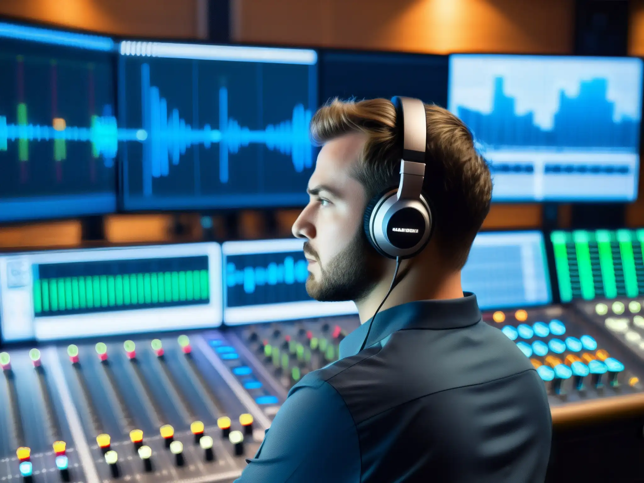 Ingeniero de sonido ajustando niveles en estudio profesional Un ingeniero de sonido ajusta niveles en una mesa de mezclas en estudio profesional