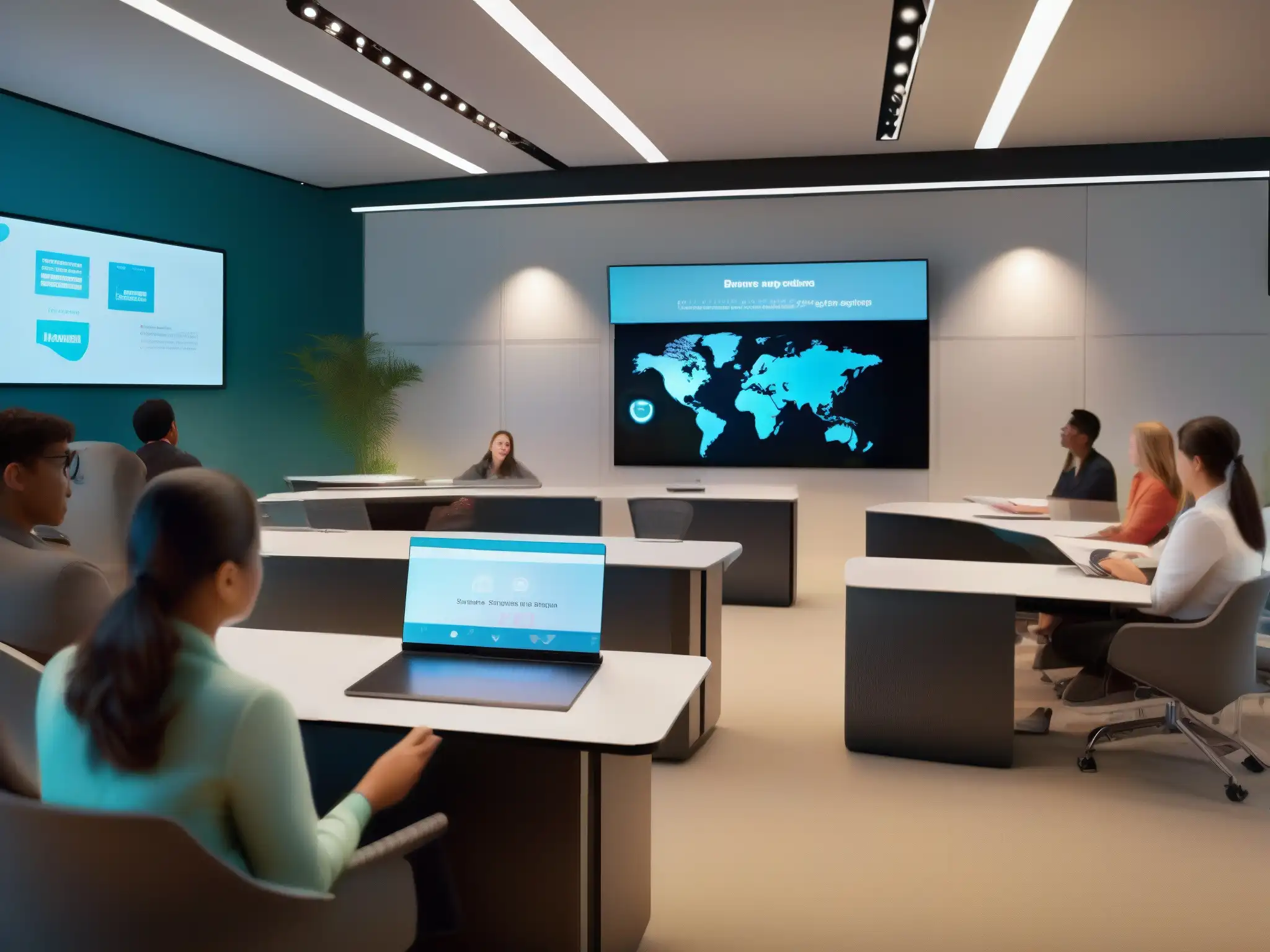 Moderna aula virtual con tecnología futurista y estudiantes participativos Innovaciones en aulas virtuales: Futurista aula virtual con tecnología holográfica, pizarras digitales e interacción vía videoconferencias, en un ambiente acogedor e inspirador