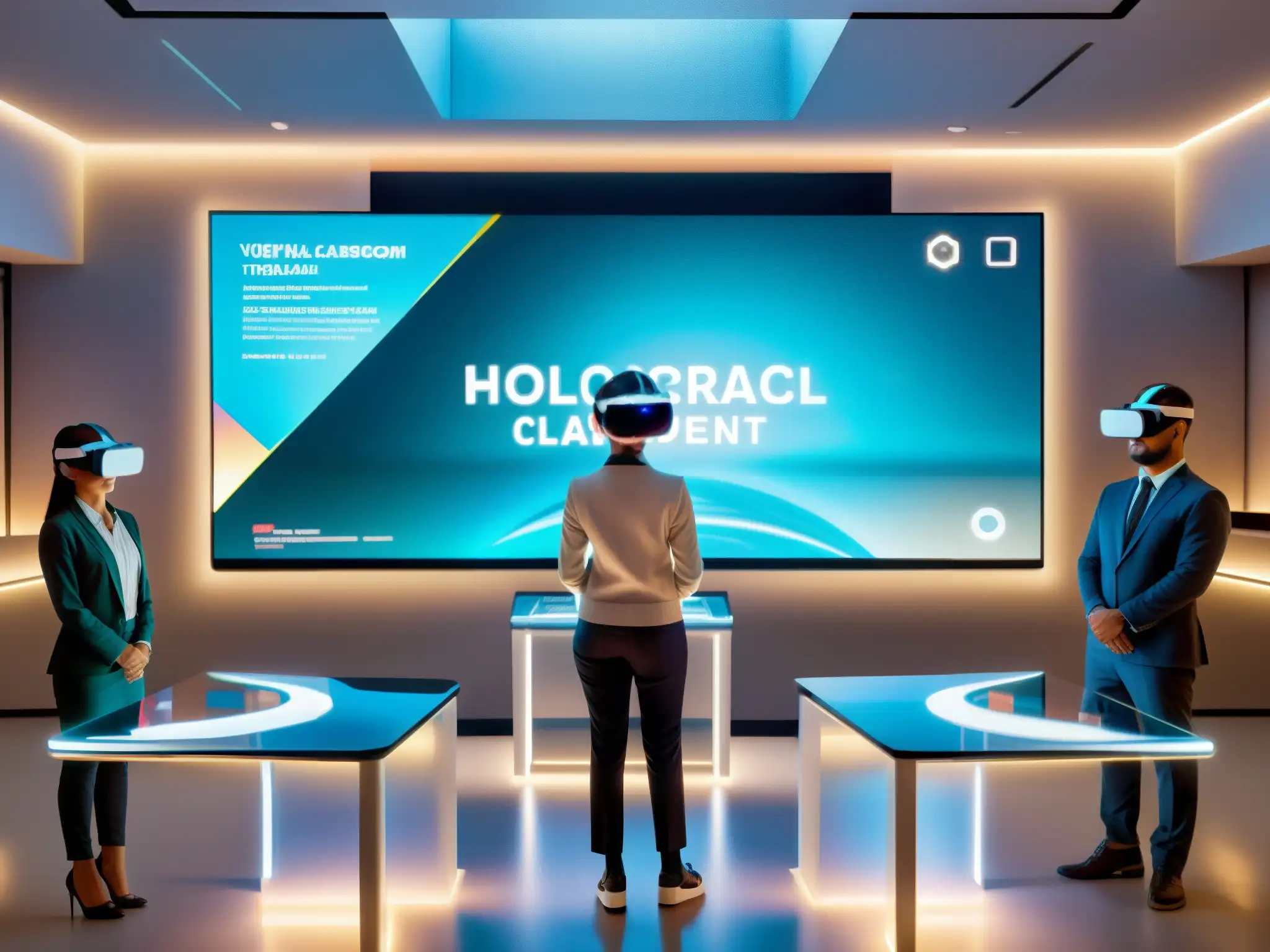 Clase virtual futurista: alumnos interactúan con hologramas 'Innovaciones en aulas virtuales con videoconferencias y tecnología futurista para una educación inmersiva y dinámica'
