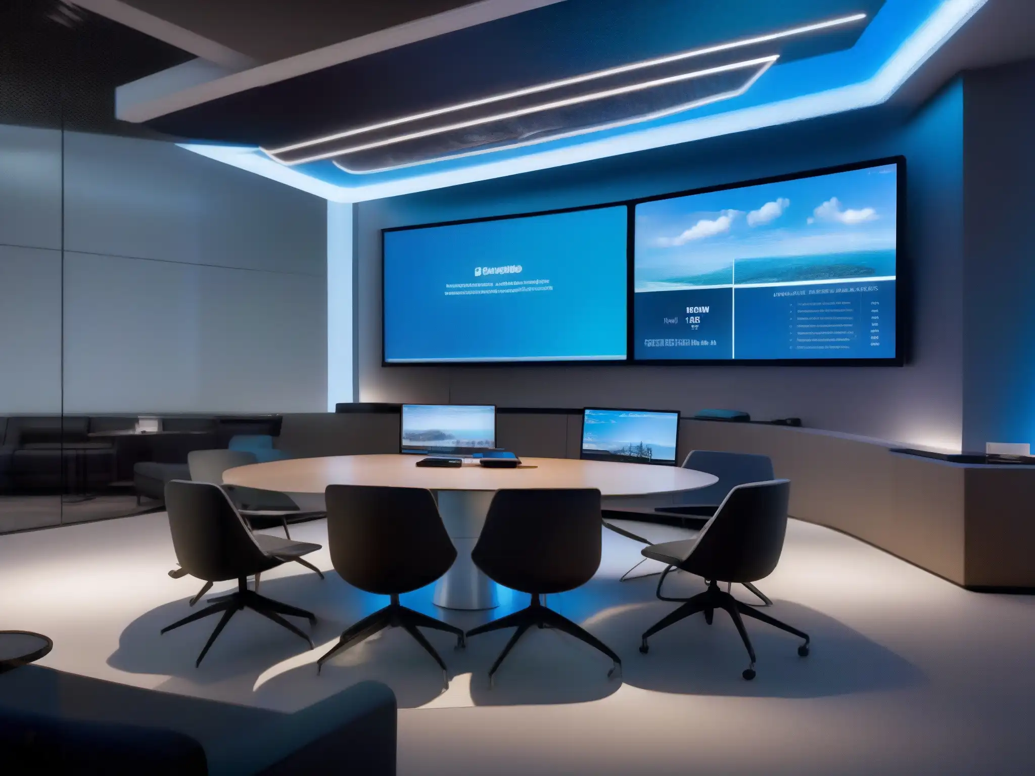 Salón de videoconferencias futurista y profesional con tecnología avanzada Innovaciones en videoconferencia y almacenamiento de datos en un ambiente futurista con profesionales y estudiantes interactuando