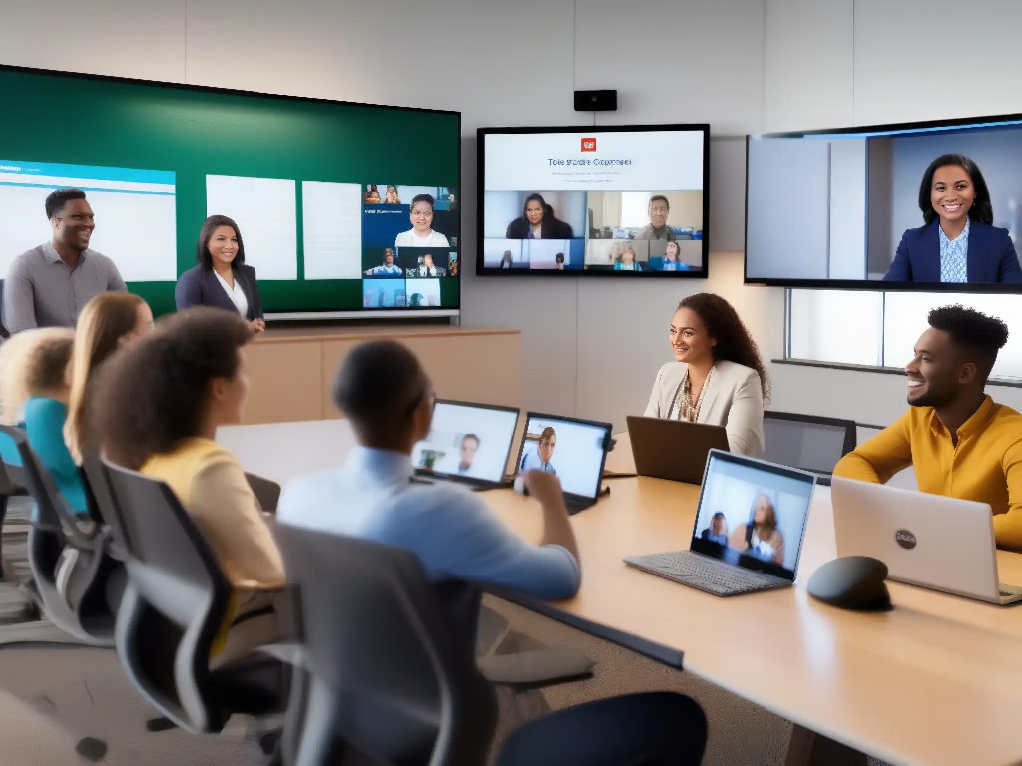 Clase virtual dinámica con videoconferencia de alta calidad Innovaciones en videoconferencias: aulas virtuales modernas con estudiantes participativos y profesor interactuando en diversas actividades educativas
