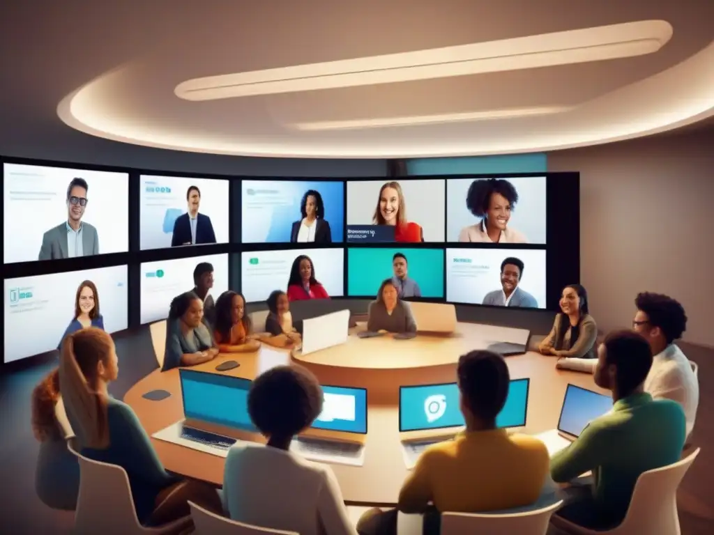 Clase virtual dinámica con estudiantes diversos Innovaciones en videoconferencias: aulas virtuales dinámicas, interactivas y modernas, con estudiantes diversos participando activamente