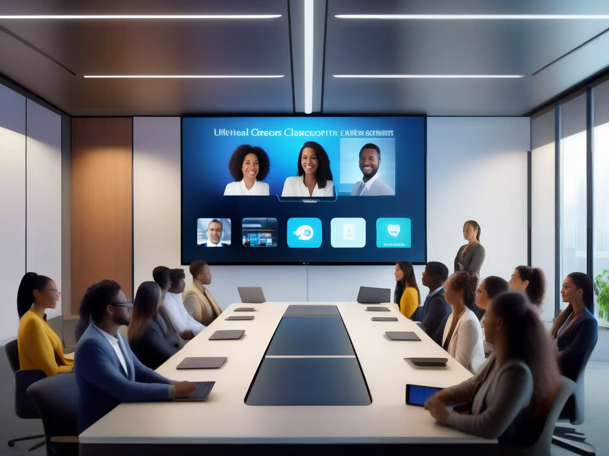 Clase virtual futurista: Innovación educativa Innovaciones en videoconferencias: detallada imagen de aula virtual con tecnología avanzada y estudiantes diversos participando en conferencia