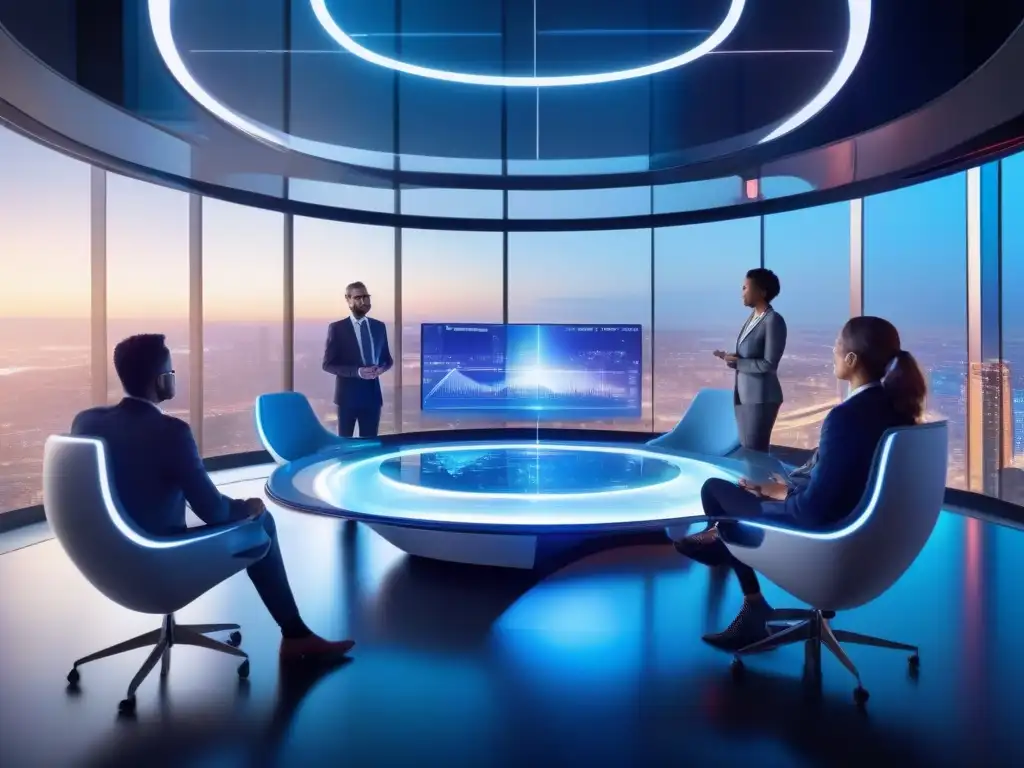 Conferencia virtual futurista en la ciudad Innovaciones videoconferencias 2030: Profesionales en reunión virtual futurista con hologramas y vista panorámica de la ciudad