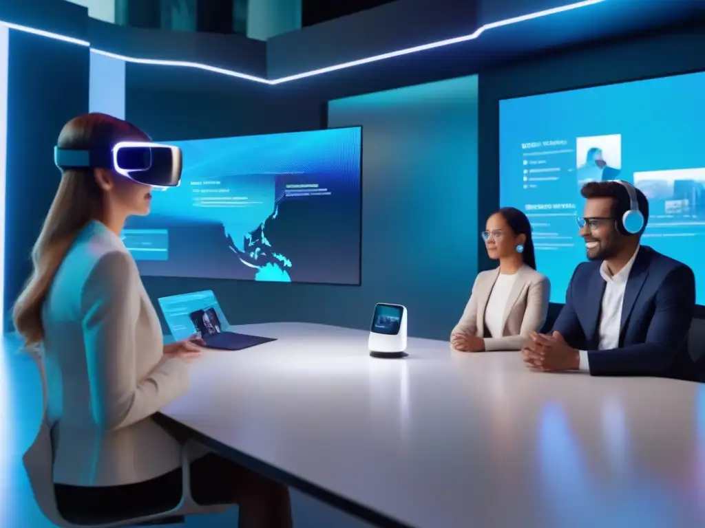 Conferencia virtual futurista con hologramas y realidad aumentada Innovaciones videoconferencias 2030: Profesionales en reunión virtual futurista con hologramas y tecnología de vanguardia