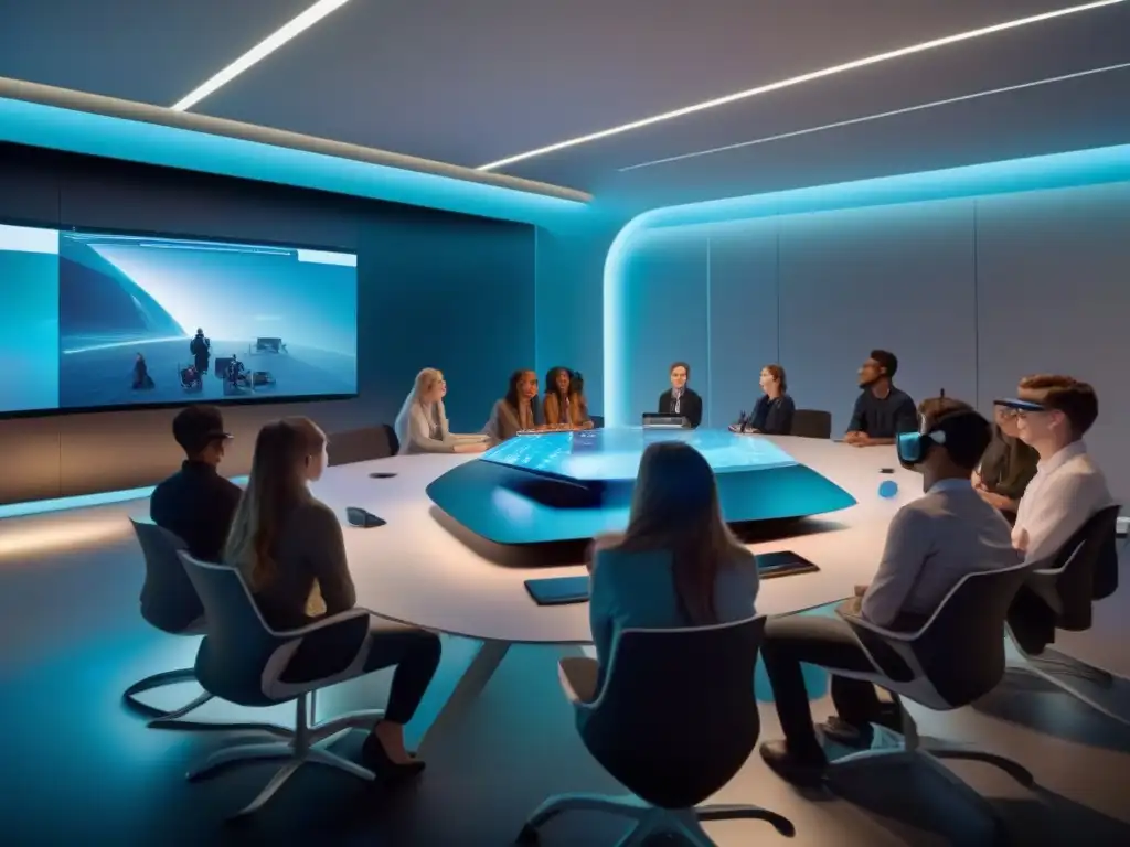 Conferencia VR: Futuro del aprendizaje Innovaciones videoconferencias 2030: Sala futurista con hologramas y realidad virtual, estudiantes y profesionales inmersos en interacción