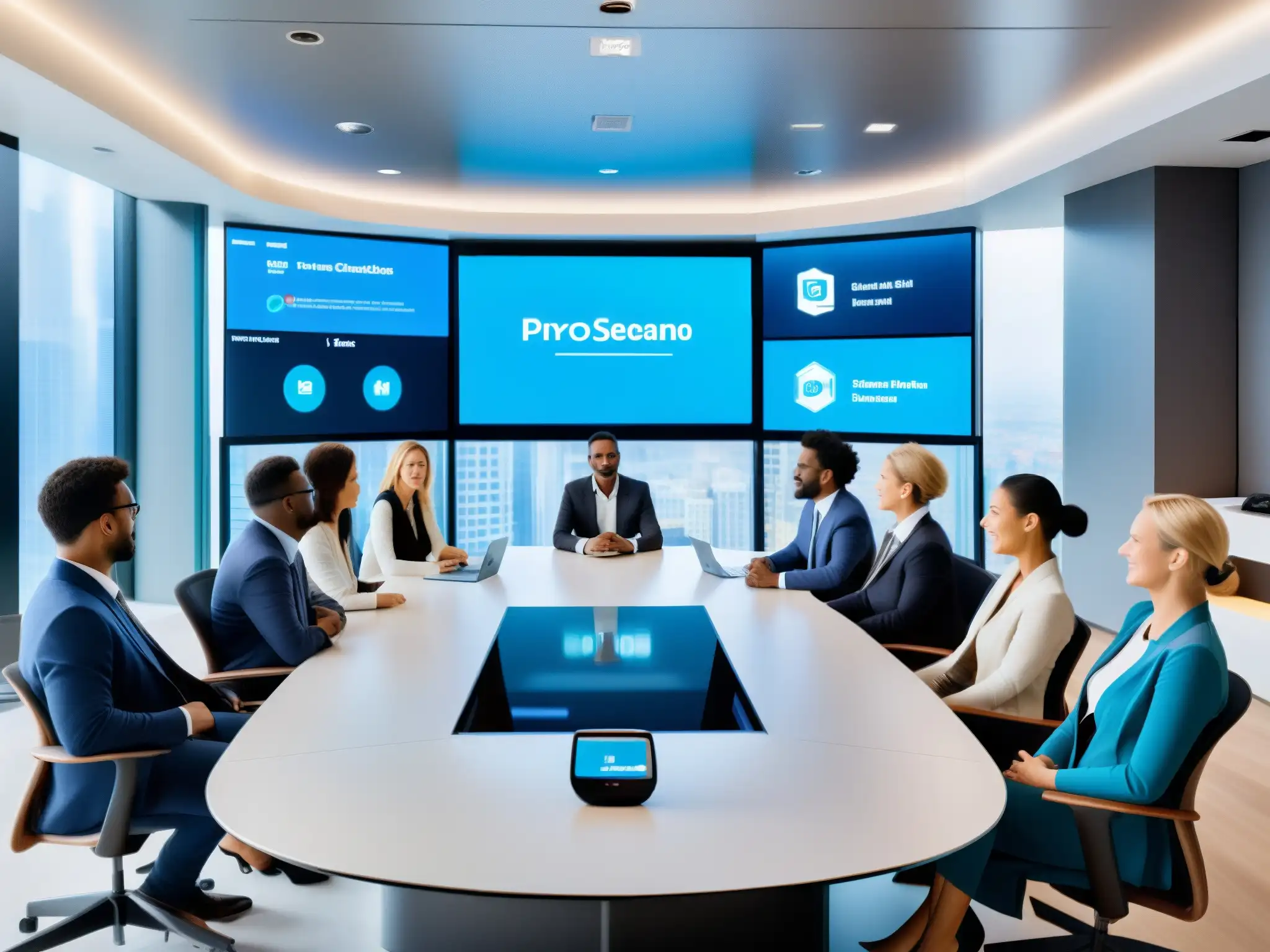 Sala de conferencias multilingüe de alta tecnología Un innovador espacio de videoconferencia con profesionales de diferentes países, colaborando fluidamente con plataformas de traducción simultánea