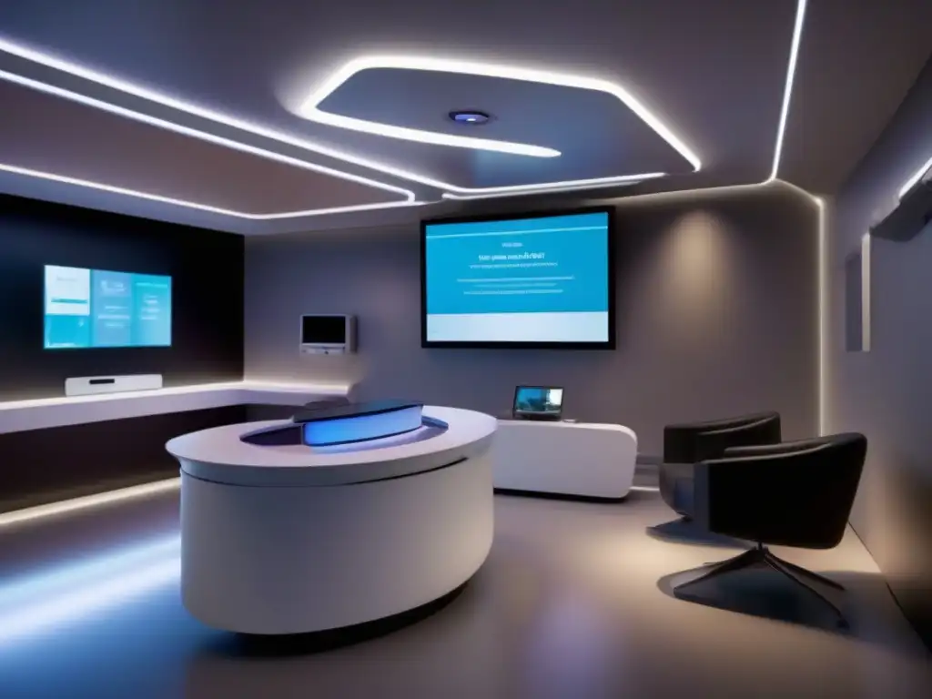 Consultas médicas futuristas en Vidyo: innovación y profesionalismo Una innovadora sala de telemedicina Vidyo con tecnología avanzada de video, iluminación suave y una interacción en tiempo real entre médico y paciente