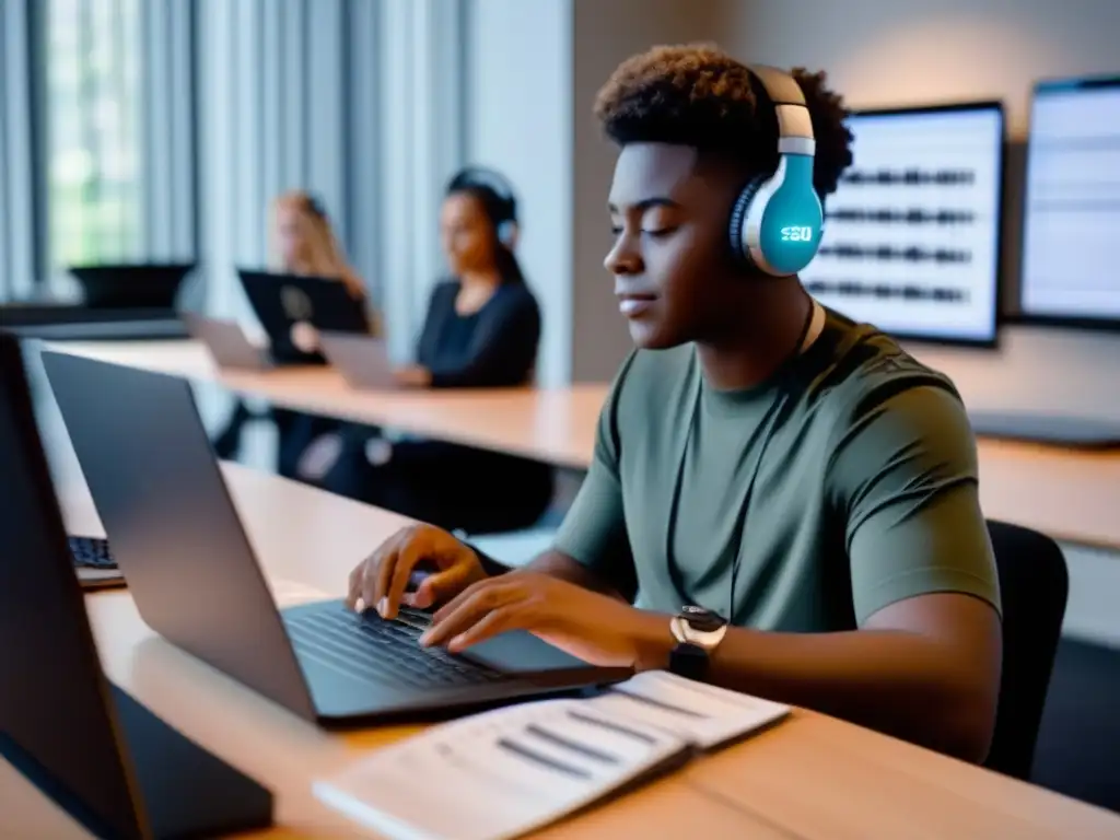 Clase de música virtual: instructor interactúa con estudiantes en ambiente contemporáneo Un instructor en una lección de música virtual con RingCentral Meetings, combinando tecnología y educación musical de forma dinámica y moderna