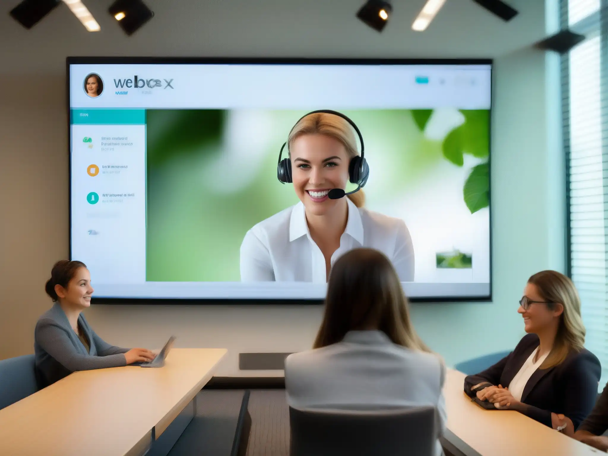 Instructor profesional lidera sesión de formación virtual con Webex Un instructor profesional lidera una sesión de formación virtual a través de Webex, con estudiantes participando desde diferentes lugares