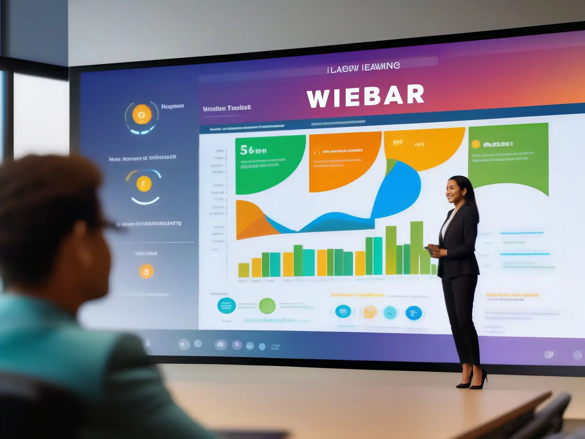 Webinar interactivo: instructor líder en pantalla grande Un instructor lidera un seminario web efectivo para educación continua, con gráficos dinámicos y retroalimentación en tiempo real