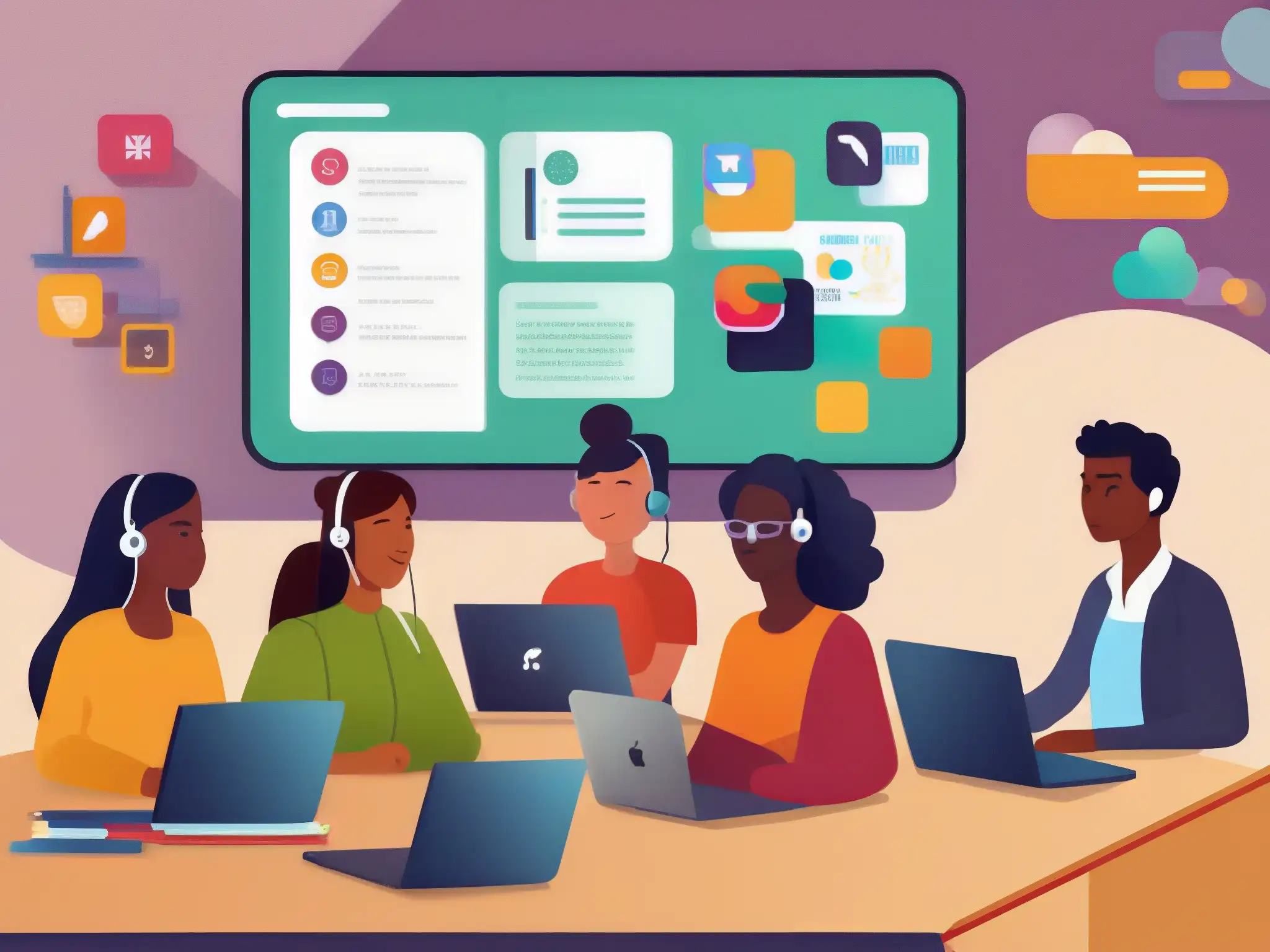 Aula virtual innovadora: estudiantes colaborando en Slack Integración de Slack en el aula virtual: Estudiantes colaborando en un entorno educativo dinámico, conectados y comprometidos
