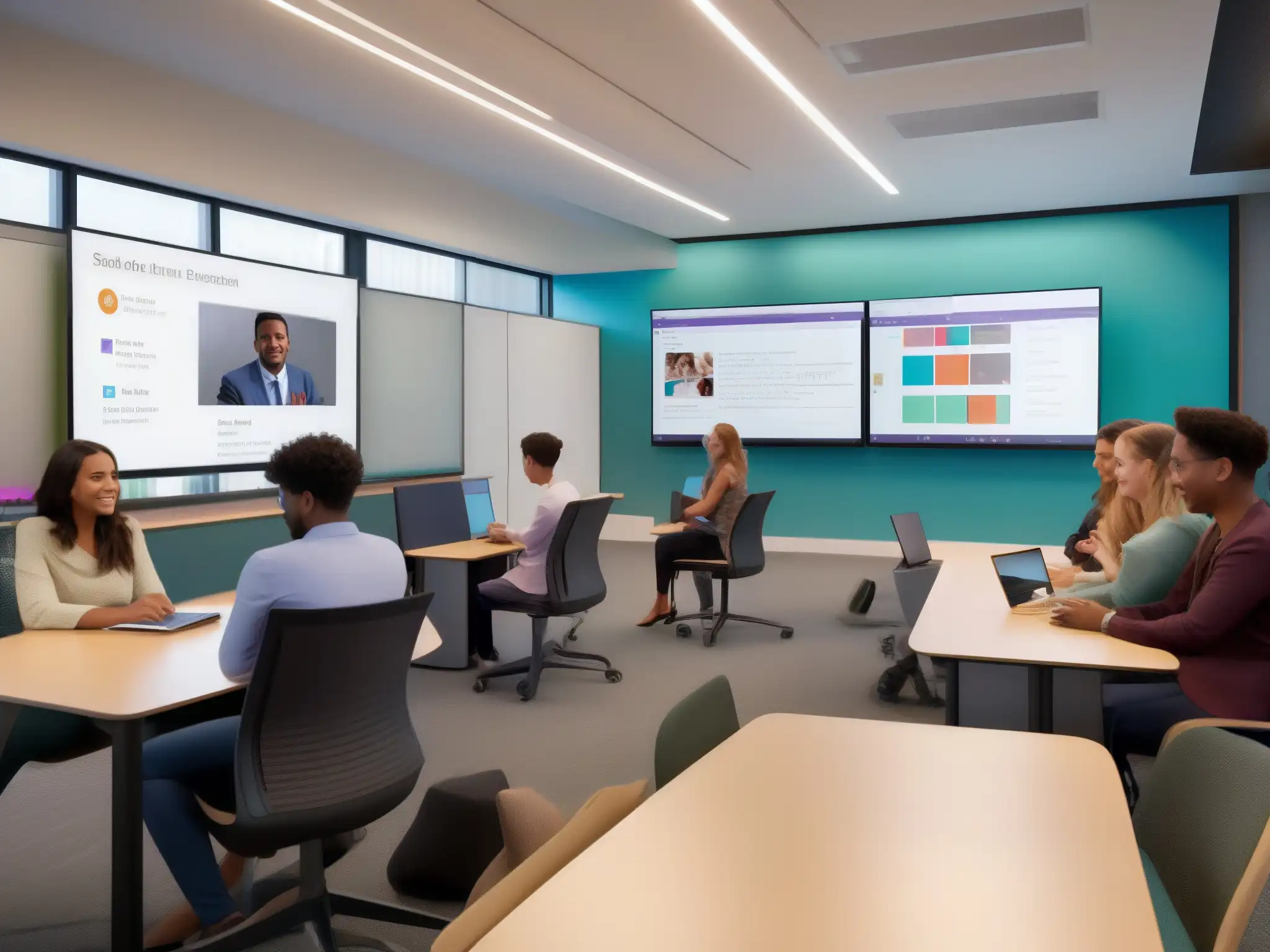 Moderna aula virtual con integración de Slack para colaboración estudiantil Integración de Slack en el aula virtual: Estudiantes participan en discusiones grupales y colaboración en un entorno educativo profesional y moderno