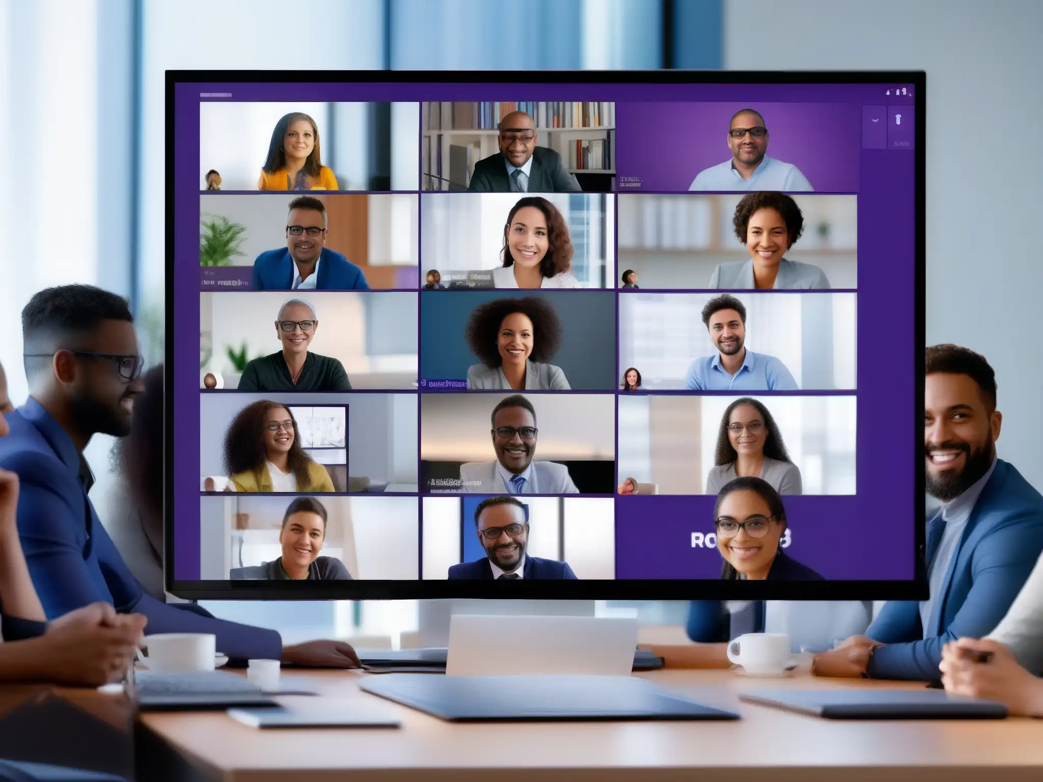 Equipo diverso en reunión virtual con Microsoft Teams Integración de Microsoft Teams y Office 365: Equipo diverso en videoconferencia, colaboración efectiva, ambiente productivo