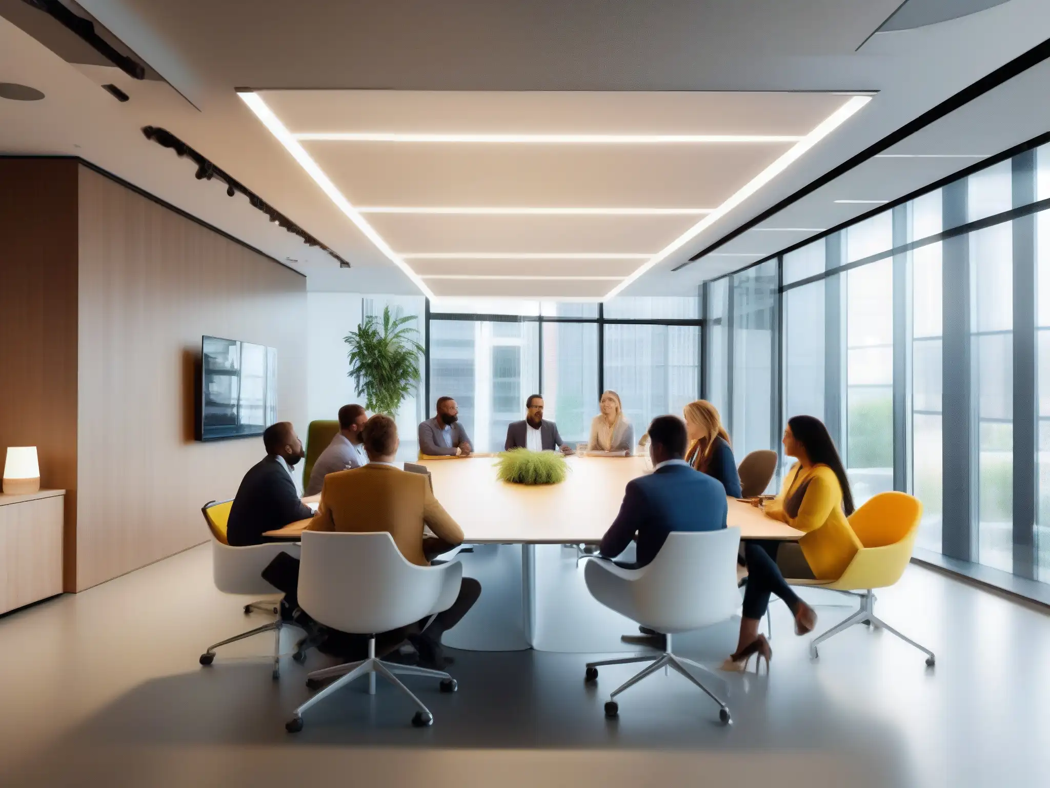 Reunión colaborativa en espacio de oficina moderno Integración Zoho Meeting CRM PYMES: Equipo profesional en reunión colaborativa en una oficina moderna y luminosa