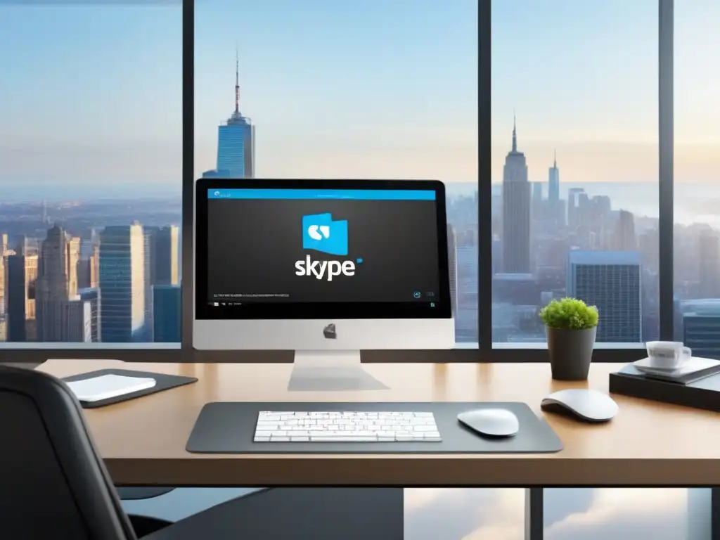 Oficina moderna: Integración perfecta de Skype for Business y CRM Integración Skype for Business con CRM: Escritorio moderno con vistas a la ciudad, pantalla mostrando la integración y estaciónery profesional